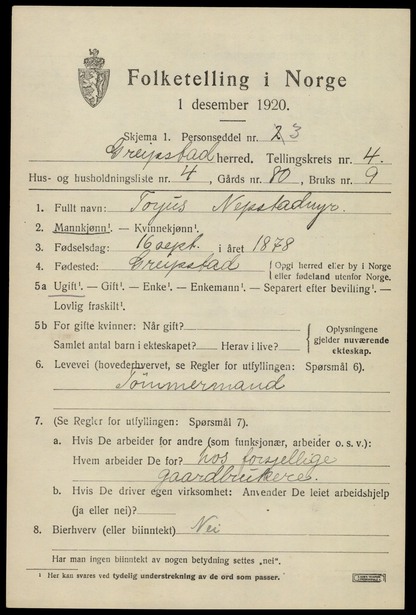 SAK, 1920 census for Greipstad, 1920, p. 1538