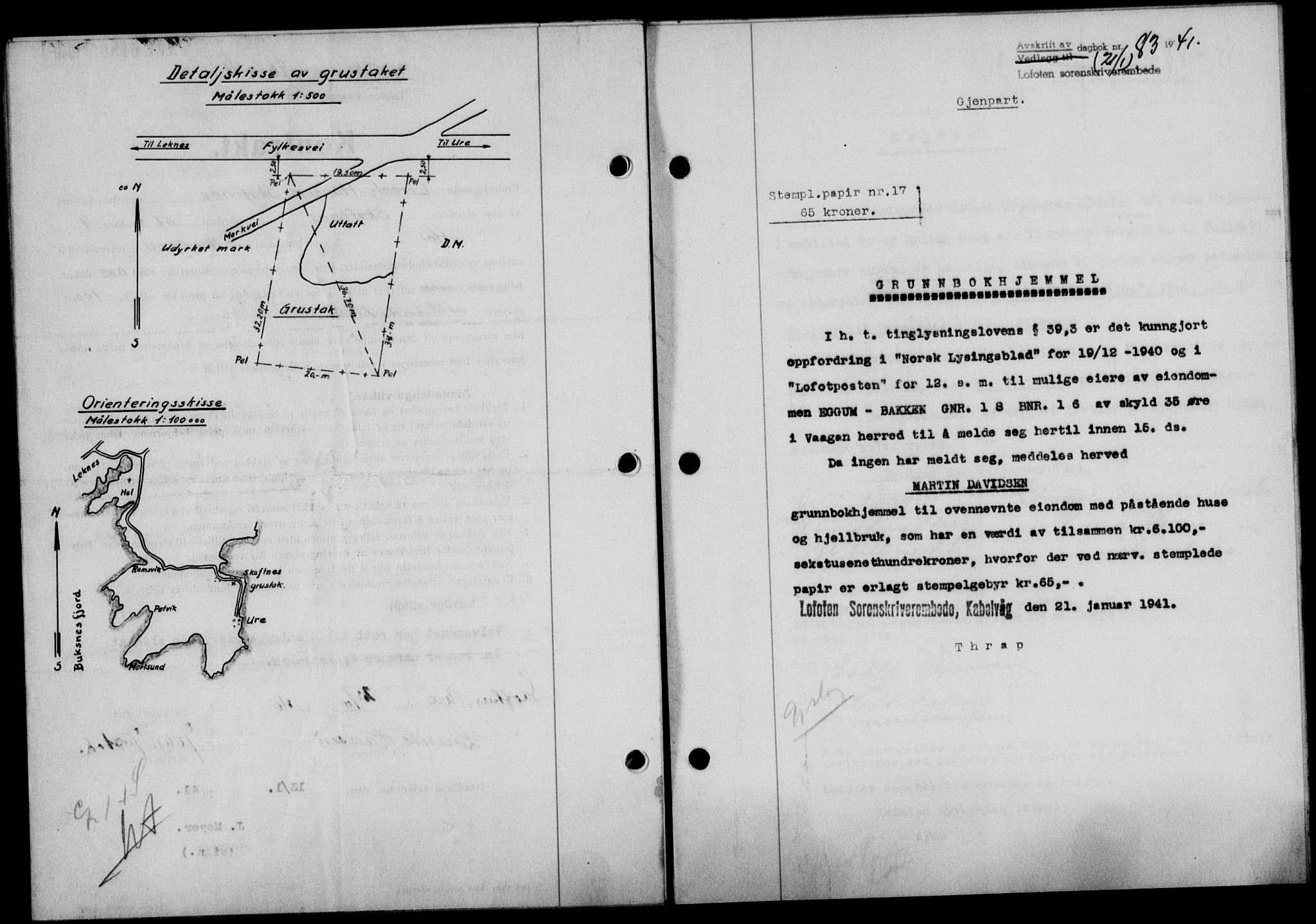 Lofoten sorenskriveri, SAT/A-0017/1/2/2C/L0008a: Mortgage book no. 8a, 1940-1941, Diary no: : 83/1941