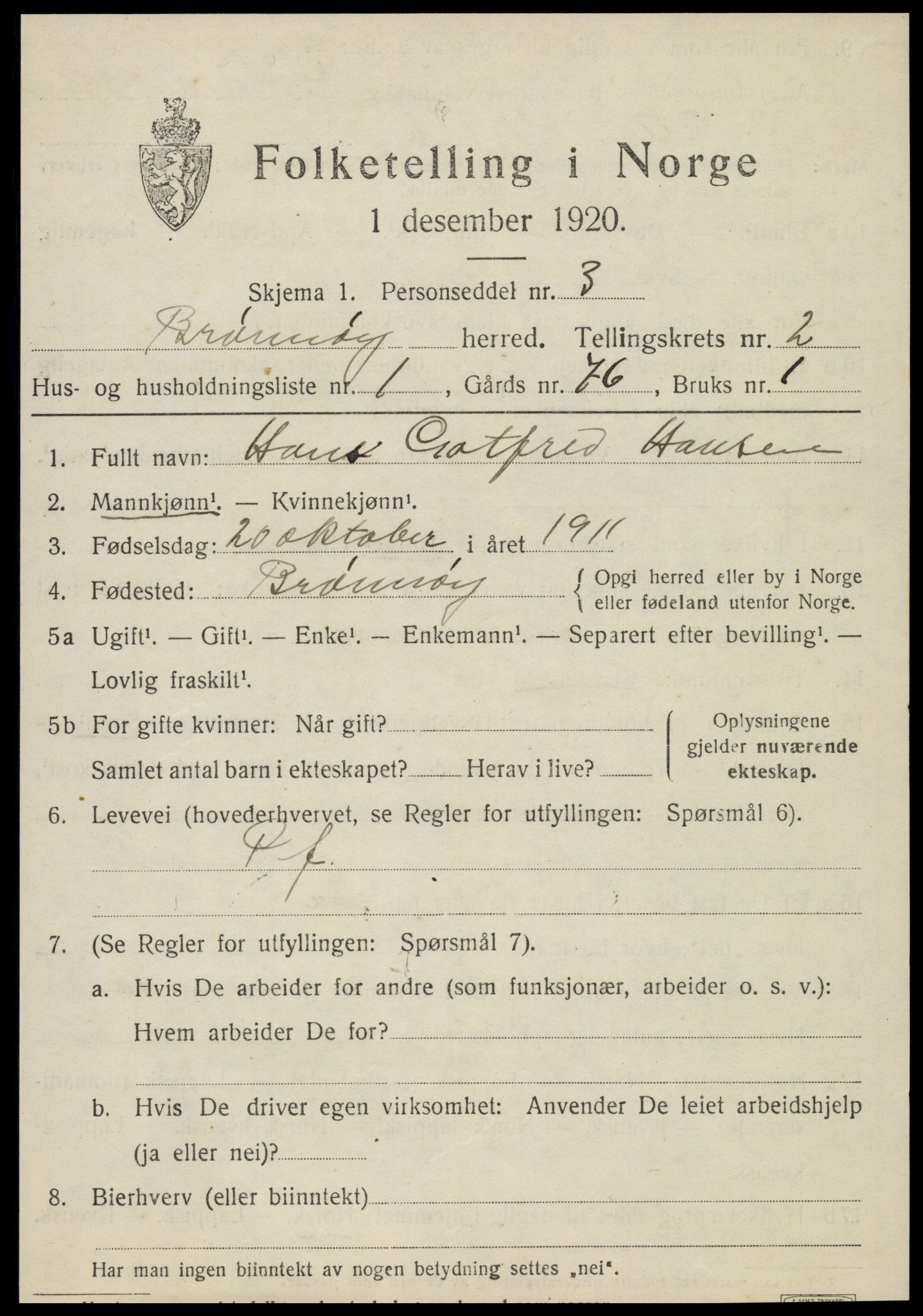 SAT, 1920 census for Brønnøy, 1920, p. 1848