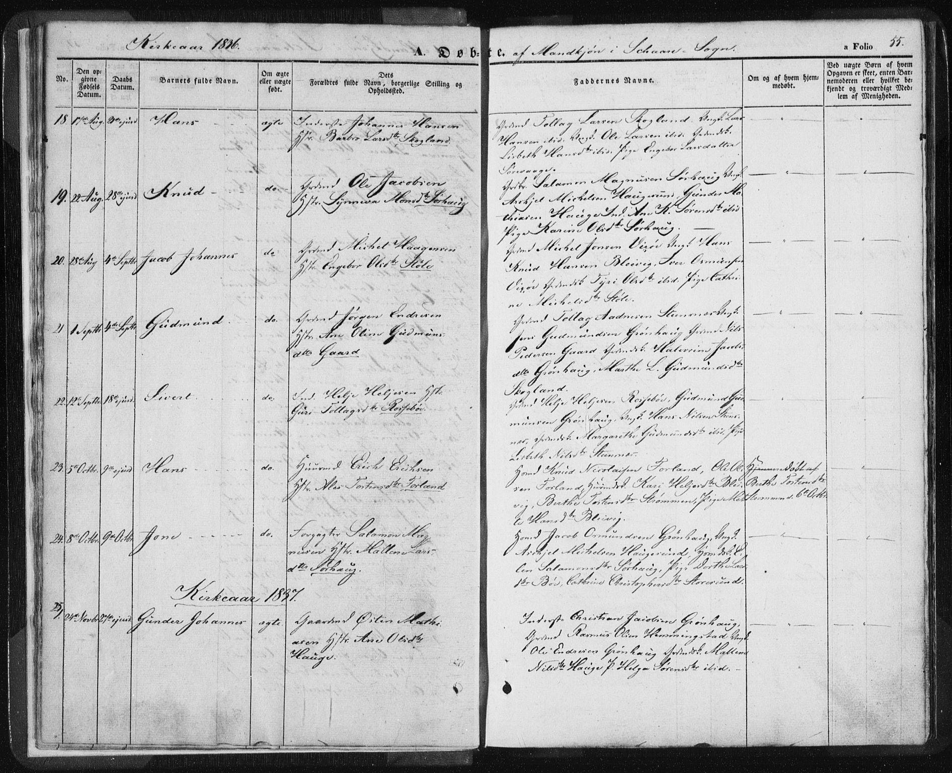 Torvastad sokneprestkontor, AV/SAST-A -101857/H/Ha/Haa/L0006: Parish register (official) no. A 6, 1836-1847, p. 55