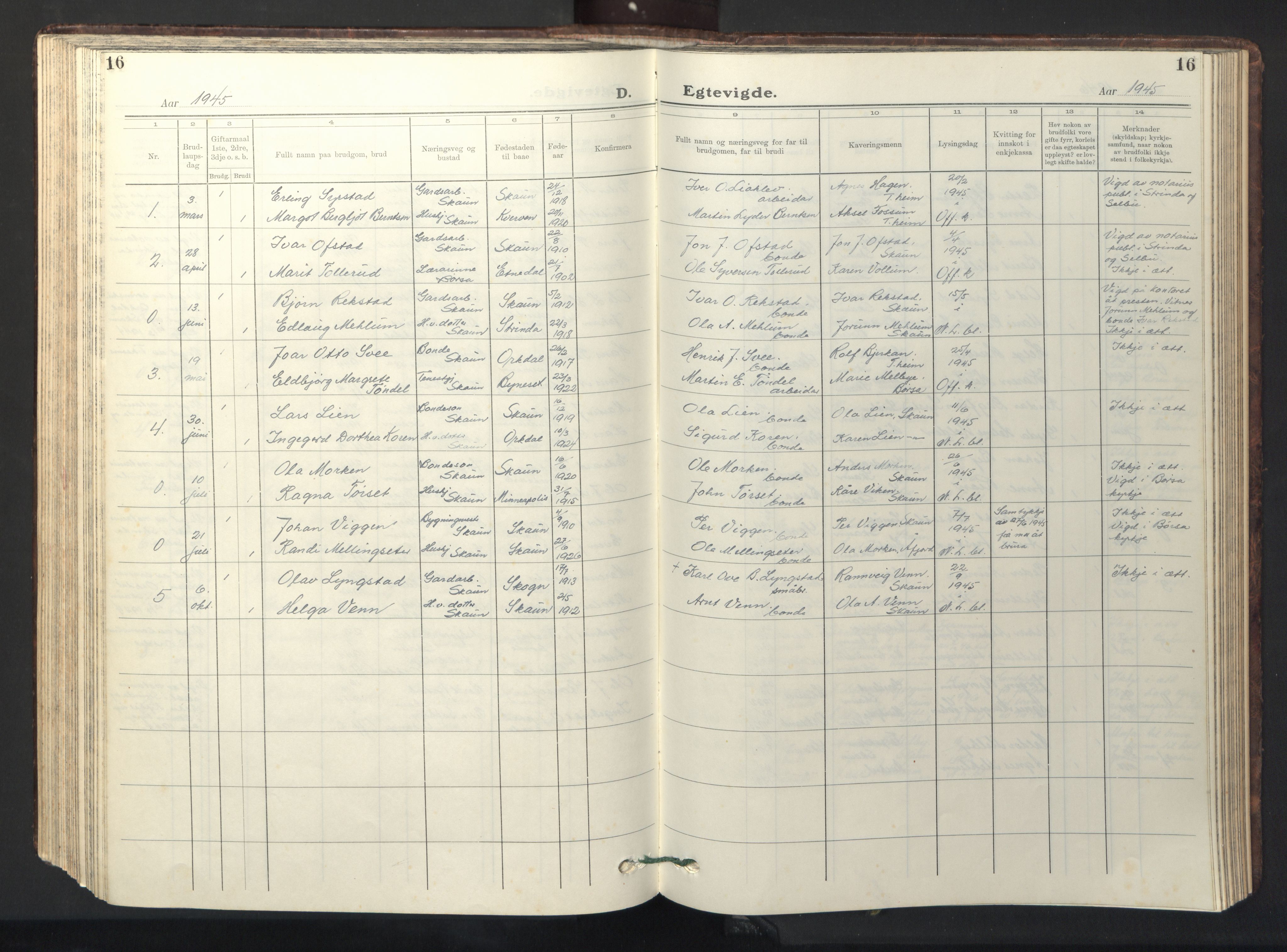 Ministerialprotokoller, klokkerbøker og fødselsregistre - Sør-Trøndelag, AV/SAT-A-1456/667/L0799: Parish register (copy) no. 667C04, 1929-1950, p. 16