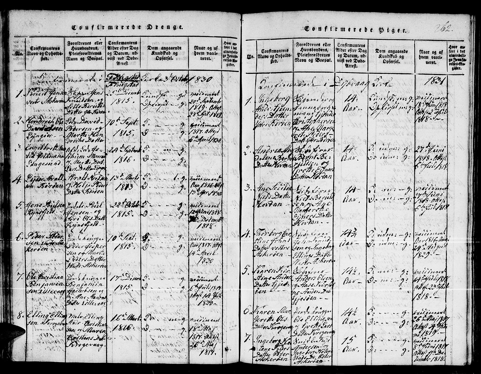 Dypvåg sokneprestkontor, SAK/1111-0007/F/Fb/Fba/L0009: Parish register (copy) no. B 9, 1816-1842, p. 262