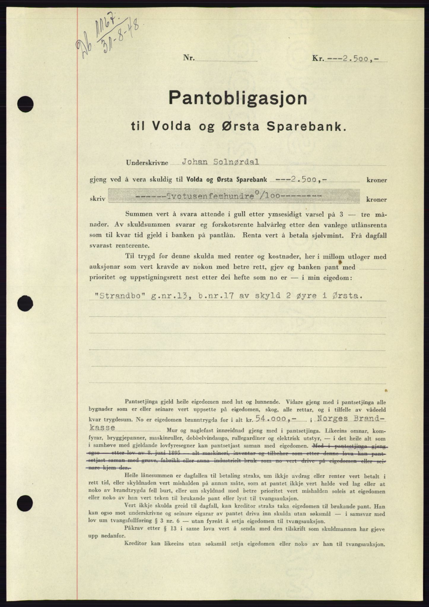 Søre Sunnmøre sorenskriveri, AV/SAT-A-4122/1/2/2C/L0116: Mortgage book no. 4B, 1948-1949, Diary no: : 1167/1948