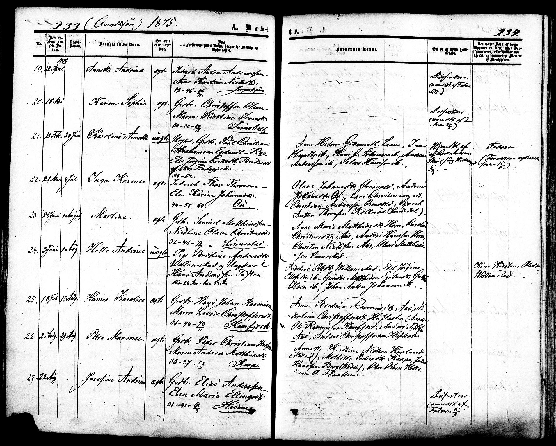Ramnes kirkebøker, SAKO/A-314/F/Fa/L0006: Parish register (official) no. I 6, 1862-1877, p. 233-234