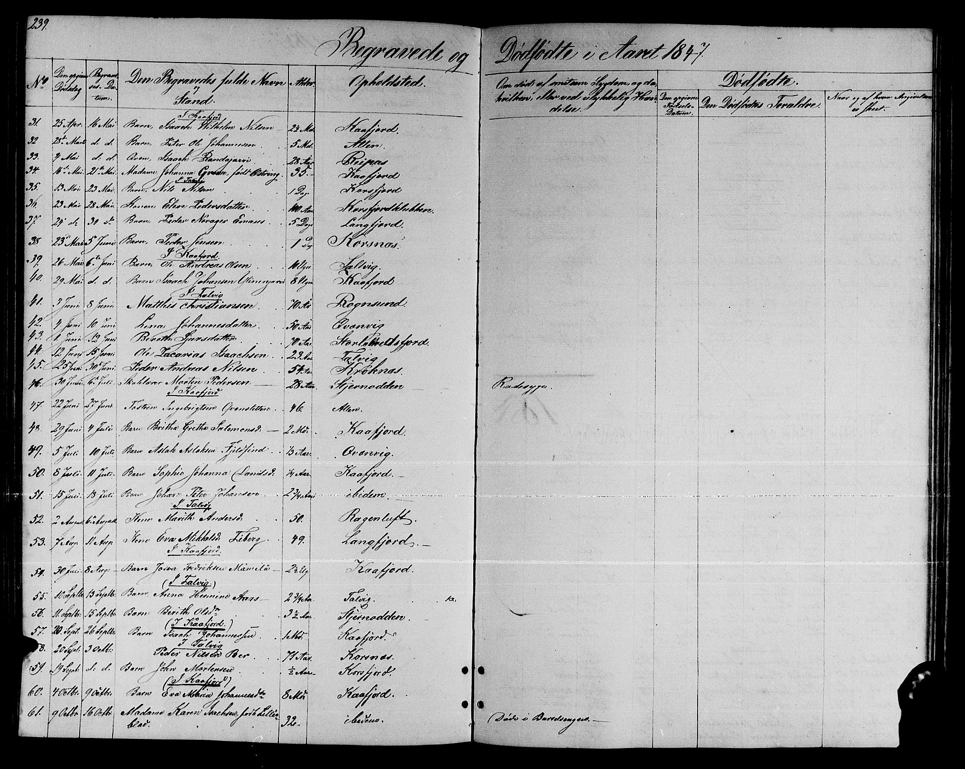 Talvik sokneprestkontor, SATØ/S-1337/H/Hb/L0001klokker: Parish register (copy) no. 1, 1847-1863, p. 239