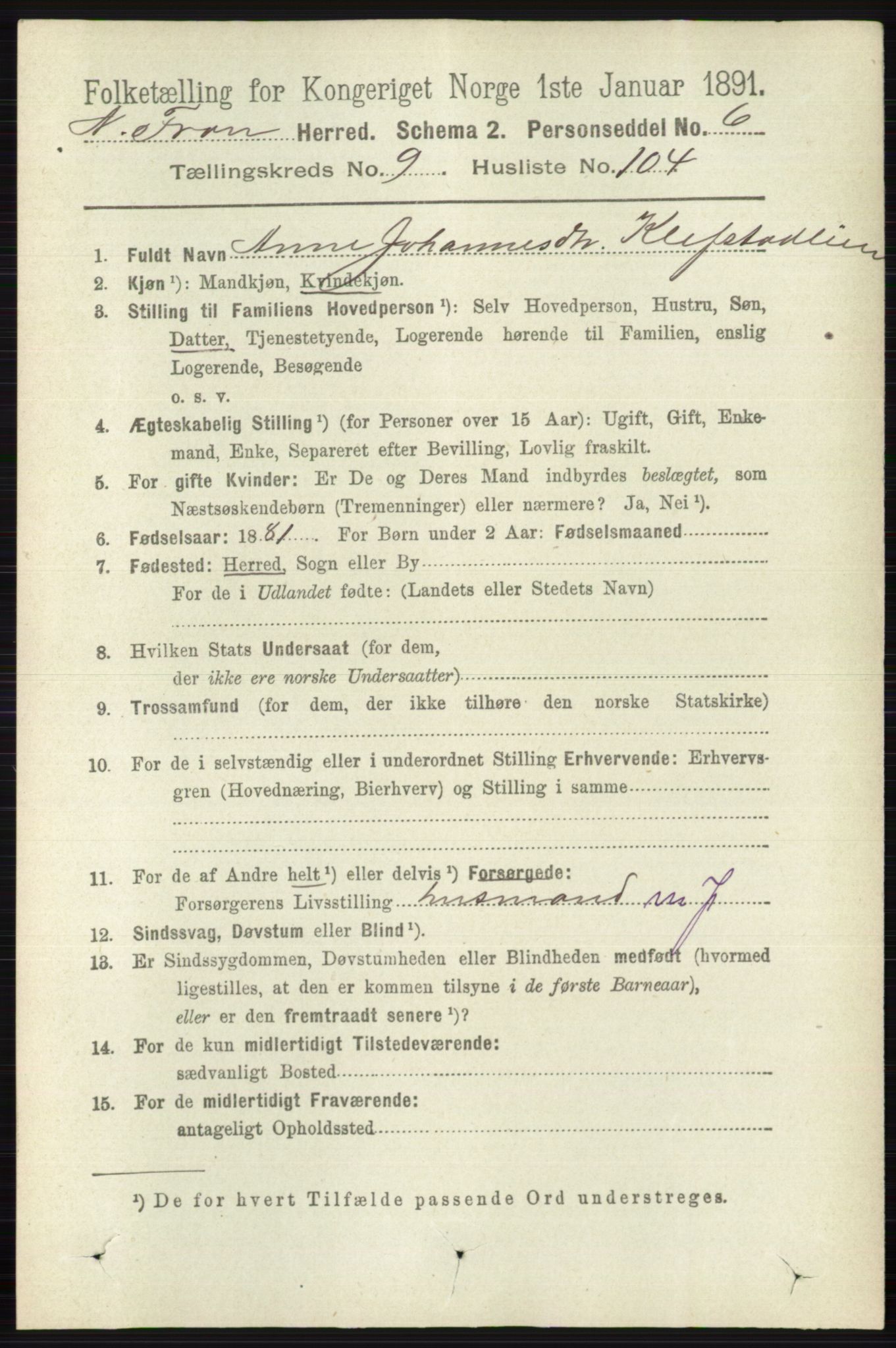 RA, 1891 census for 0518 Nord-Fron, 1891, p. 4275