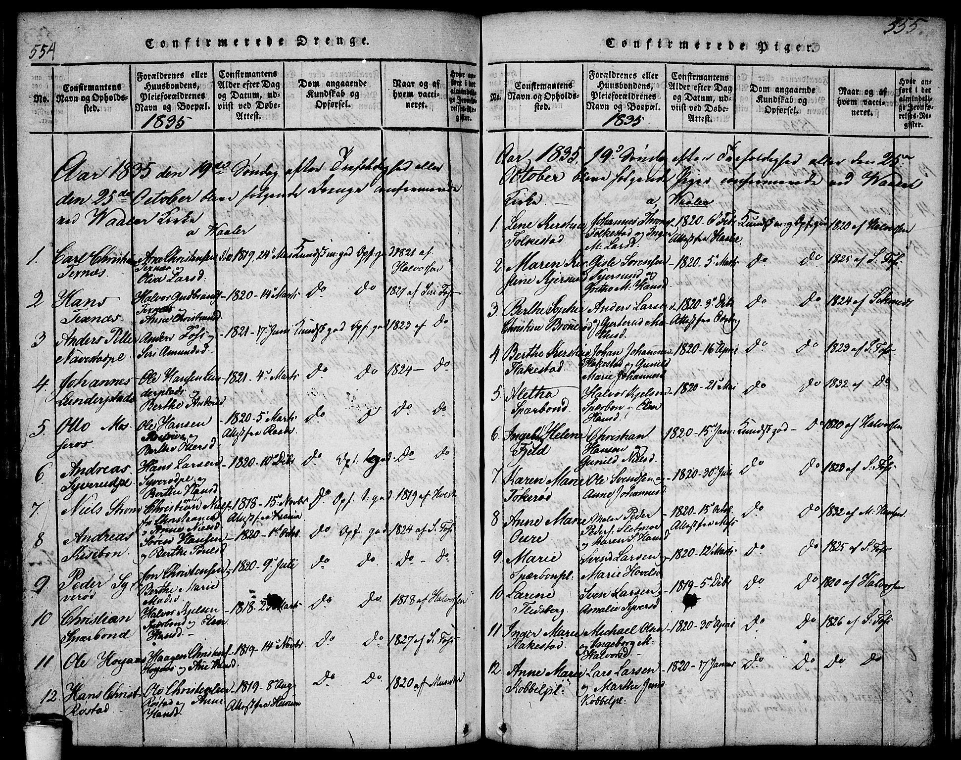 Våler prestekontor Kirkebøker, AV/SAO-A-11083/F/Fa/L0005: Parish register (official) no. I 5, 1815-1839, p. 554-555