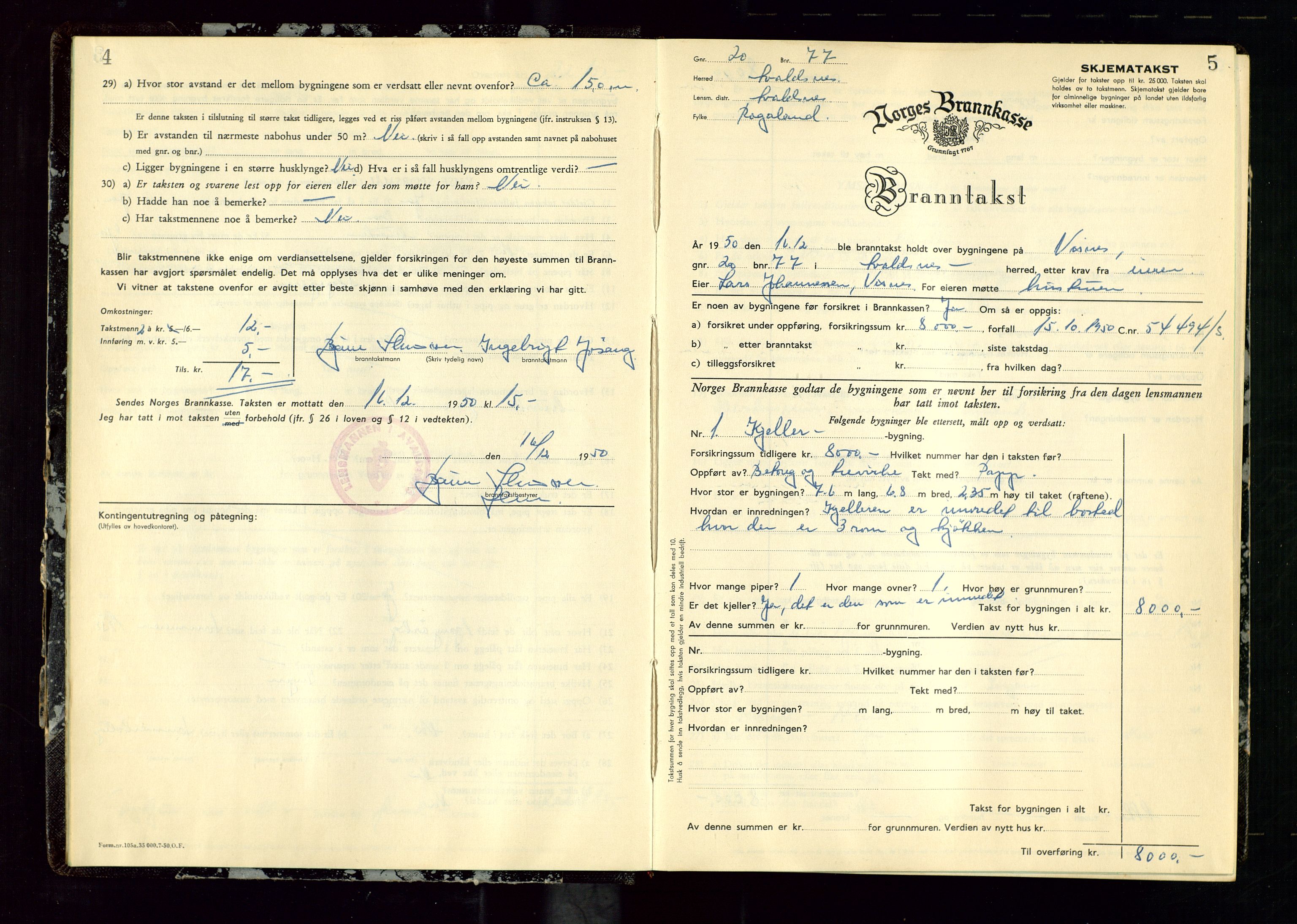 Avaldsnes lensmannskontor, SAST/A-100286/Gob/L0003: "Branntakstprotokoll for Avaldsnes lensmannsdistrikt ", 1950-1952, p. 4-5