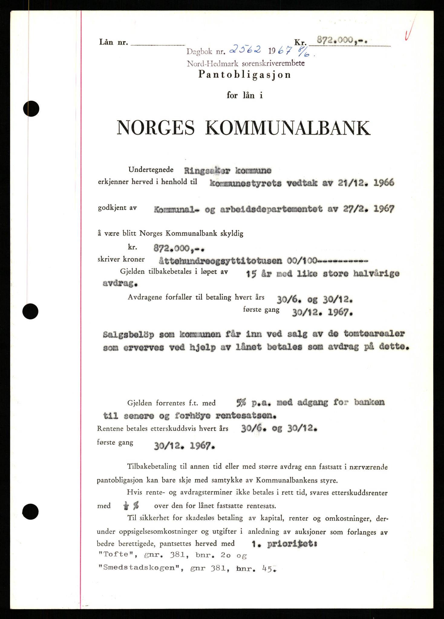 Nord-Hedmark sorenskriveri, SAH/TING-012/H/Hb/Hbf/L0071: Mortgage book no. B71, 1967-1967, Diary no: : 2562/1967