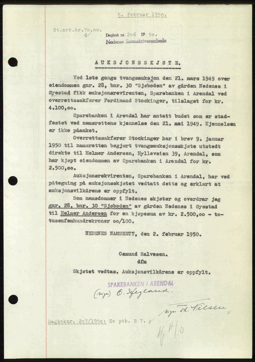 Nedenes sorenskriveri, SAK/1221-0006/G/Gb/Gba/L0062: Mortgage book no. A14, 1949-1950, Diary no: : 206/1950