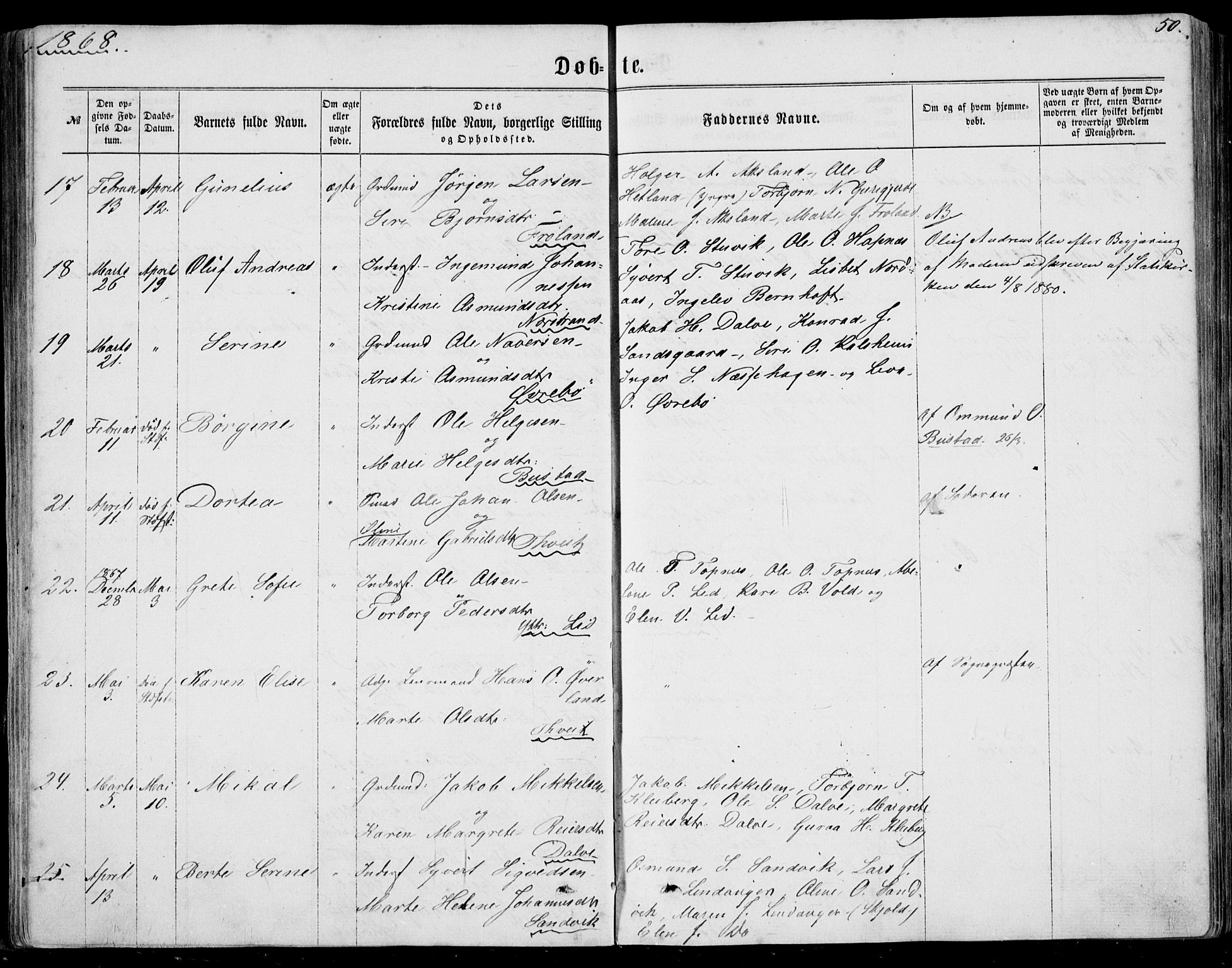 Nedstrand sokneprestkontor, AV/SAST-A-101841/01/IV: Parish register (official) no. A 9, 1861-1876, p. 50