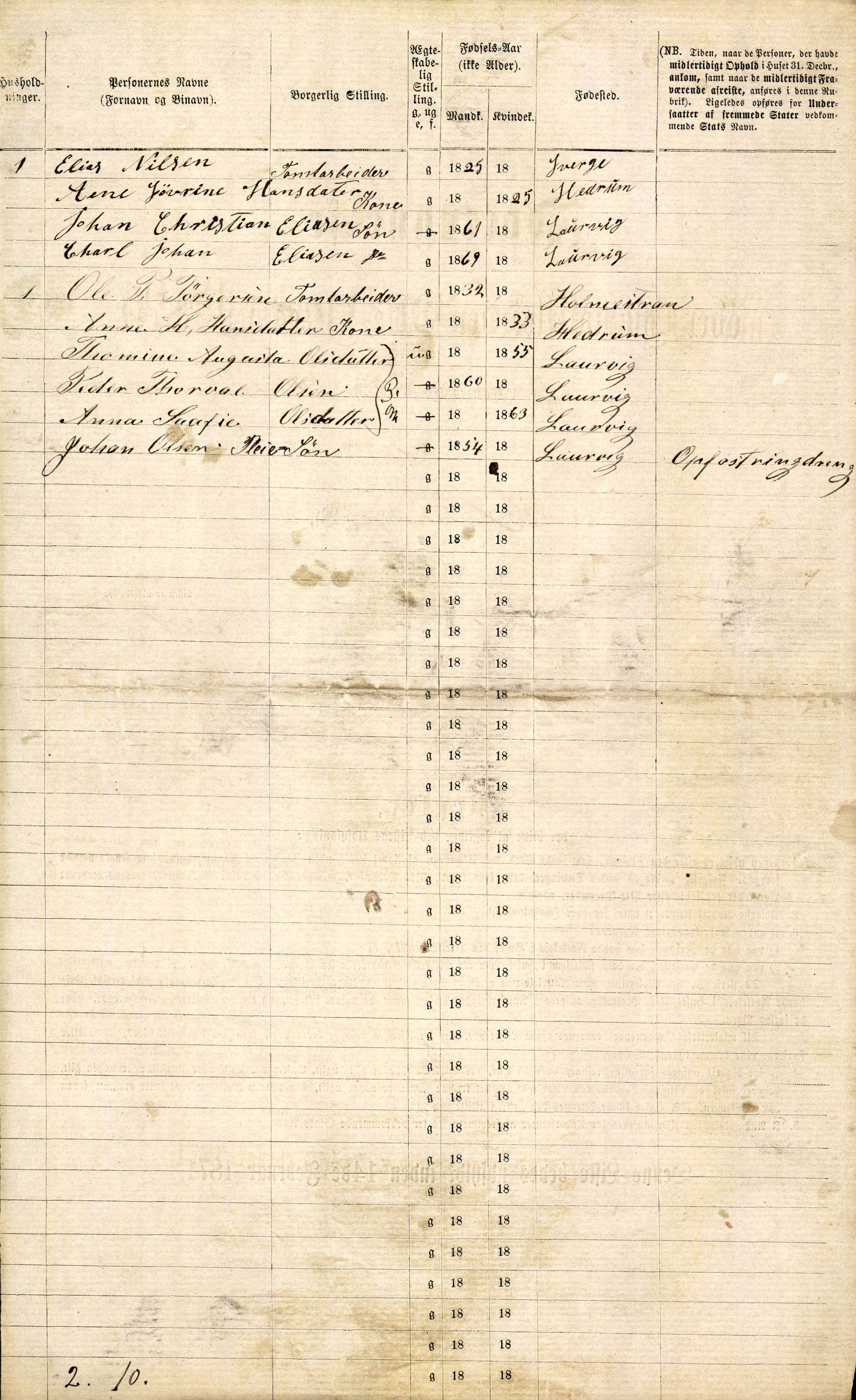 RA, 1870 census for 0707 Larvik, 1870, p. 616