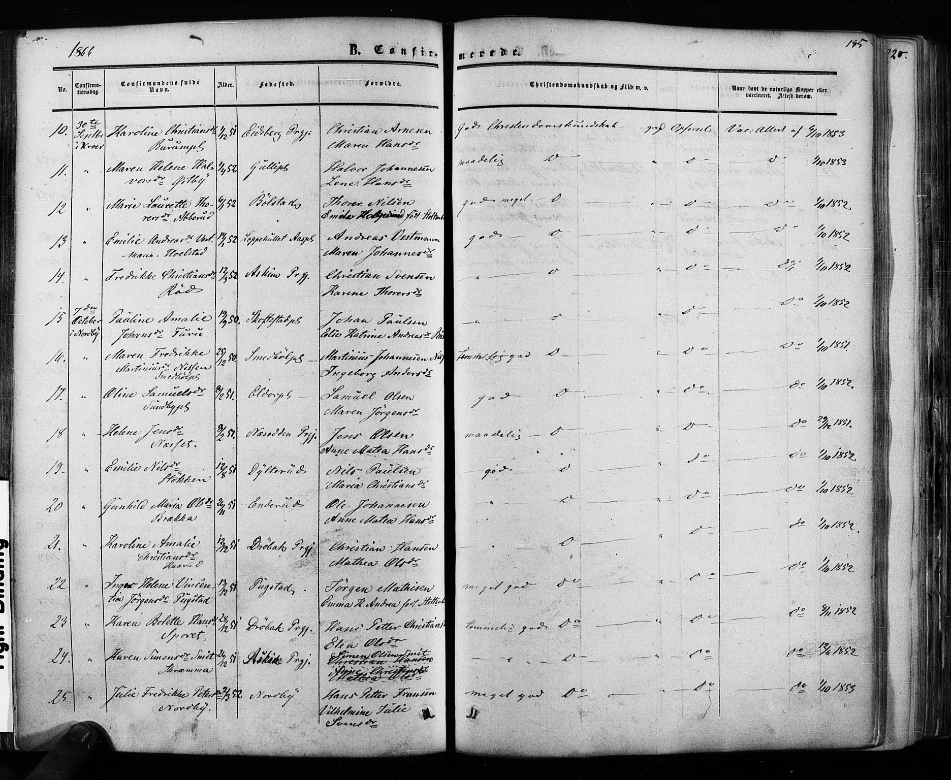 Ås prestekontor Kirkebøker, AV/SAO-A-10894/F/Fa/L0007: Parish register (official) no. I 7, 1854-1870, p. 185