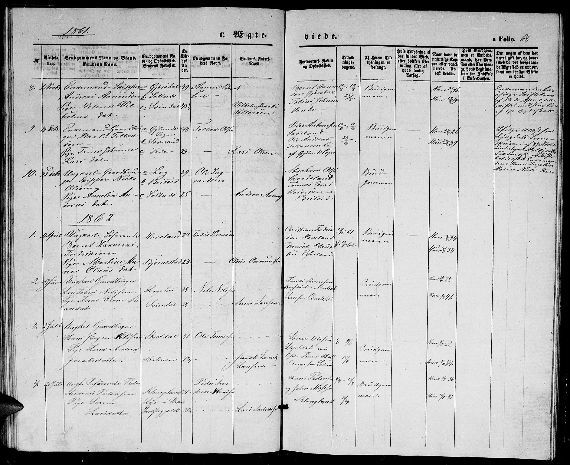 Herad sokneprestkontor, SAK/1111-0018/F/Fb/Fba/L0002: Parish register (copy) no. B 2, 1852-1862, p. 68
