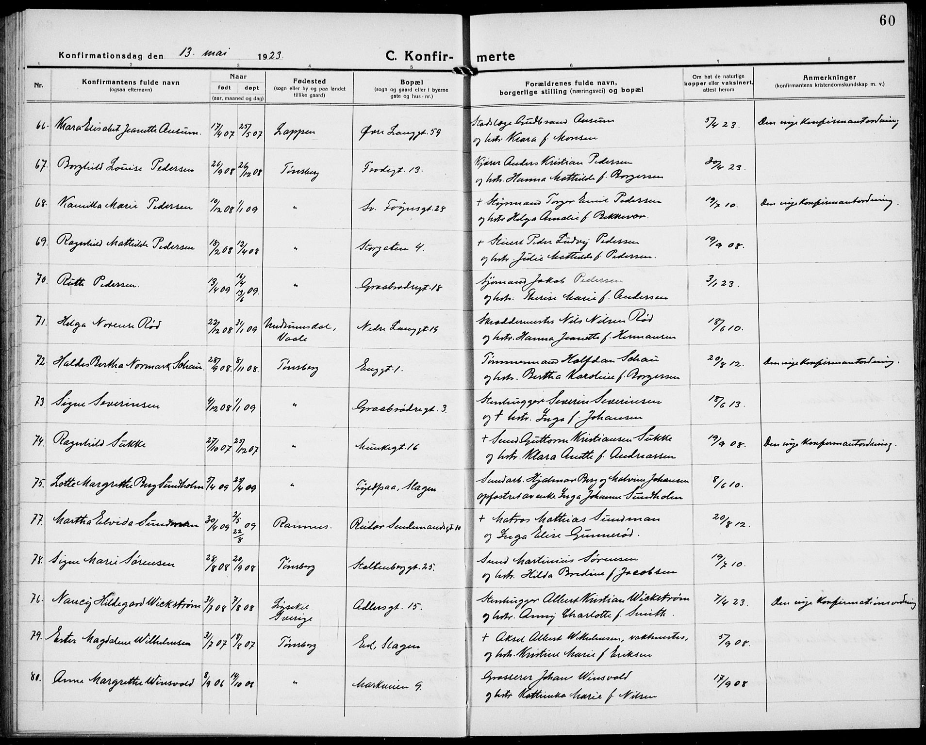 Tønsberg kirkebøker, AV/SAKO-A-330/G/Ga/L0013: Parish register (copy) no. 13, 1920-1929, p. 60