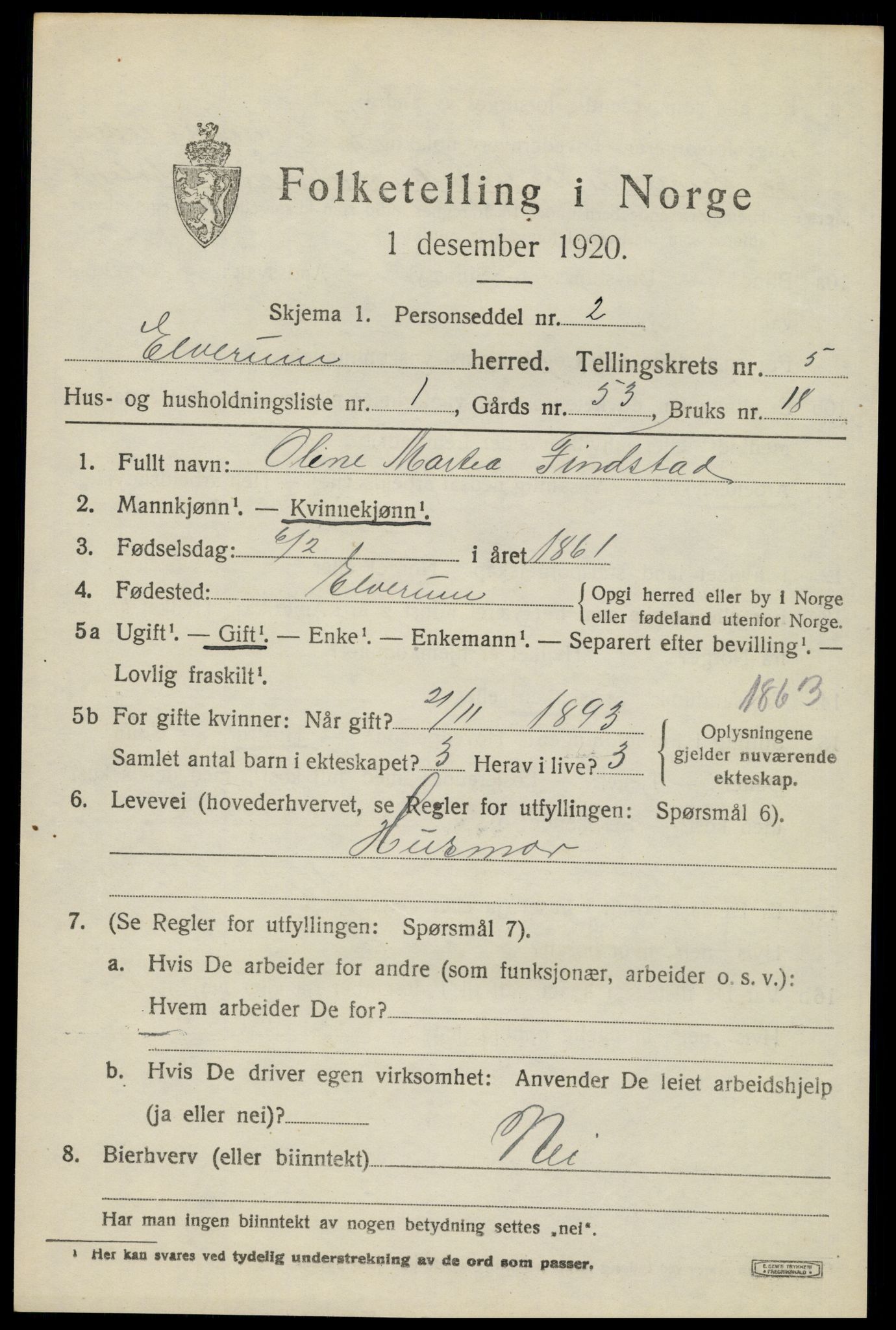 SAH, 1920 census for Elverum, 1920, p. 7488