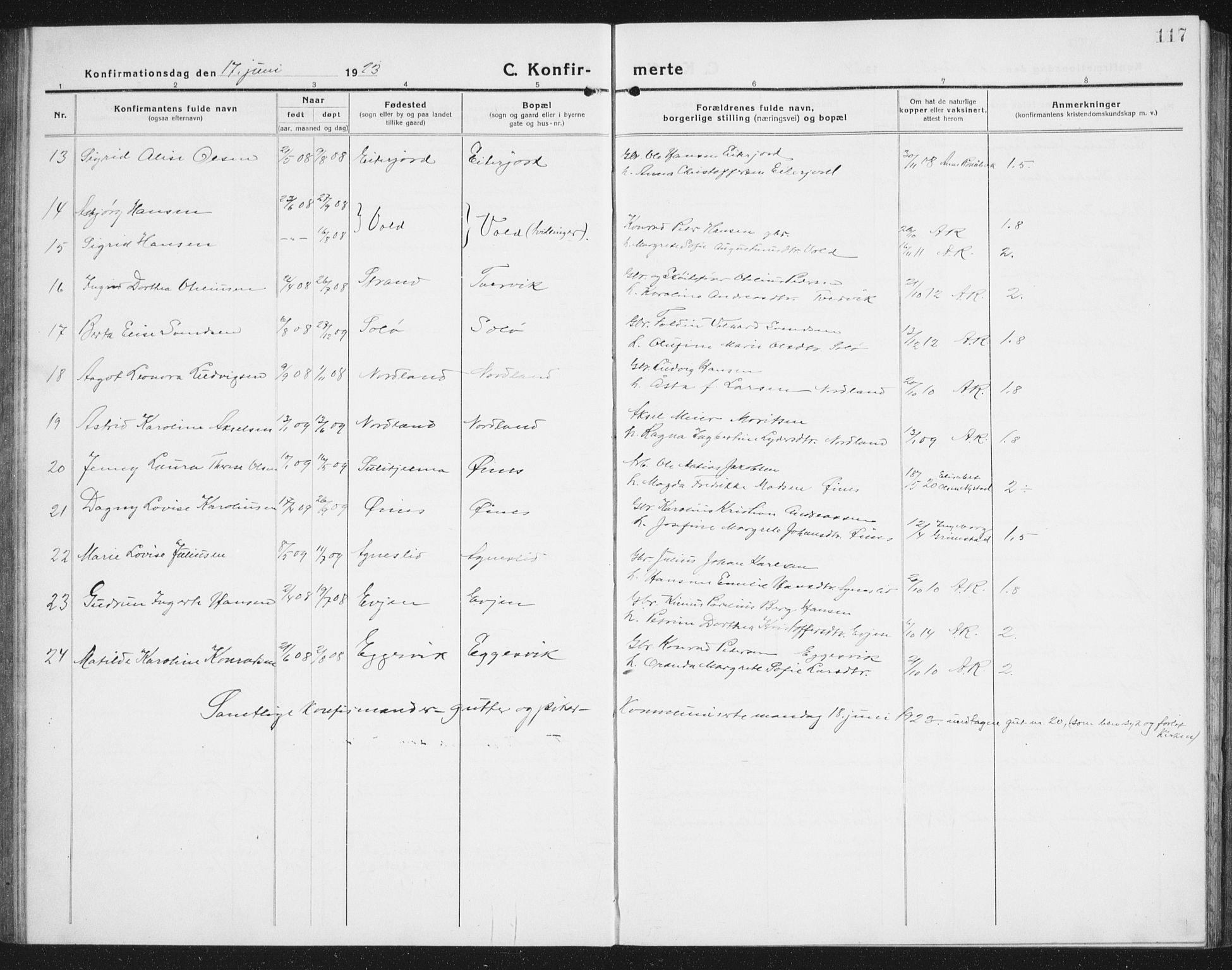 Ministerialprotokoller, klokkerbøker og fødselsregistre - Nordland, AV/SAT-A-1459/846/L0656: Parish register (copy) no. 846C06, 1917-1936, p. 117