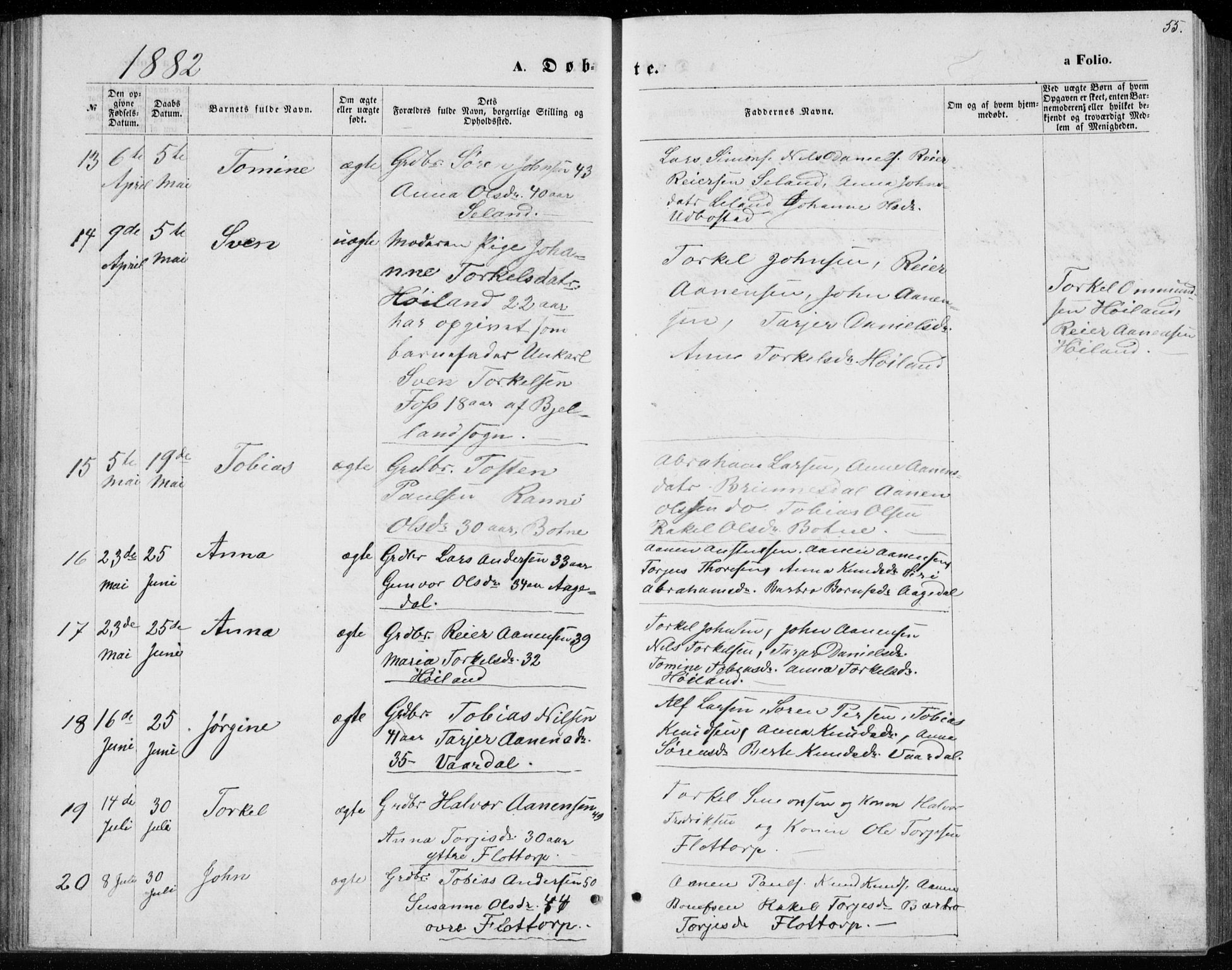 Bjelland sokneprestkontor, SAK/1111-0005/F/Fb/Fbc/L0002: Parish register (copy) no. B 2, 1867-1887, p. 55