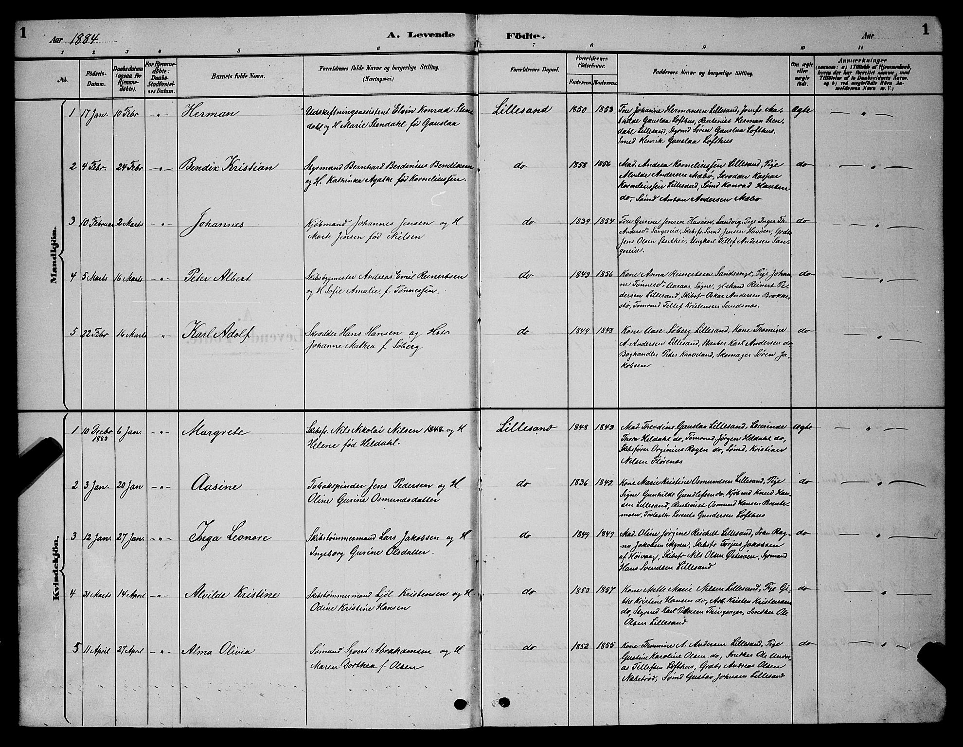 Vestre Moland sokneprestkontor, SAK/1111-0046/F/Fb/Fba/L0001: Parish register (copy) no. B 1, 1884-1903, p. 1