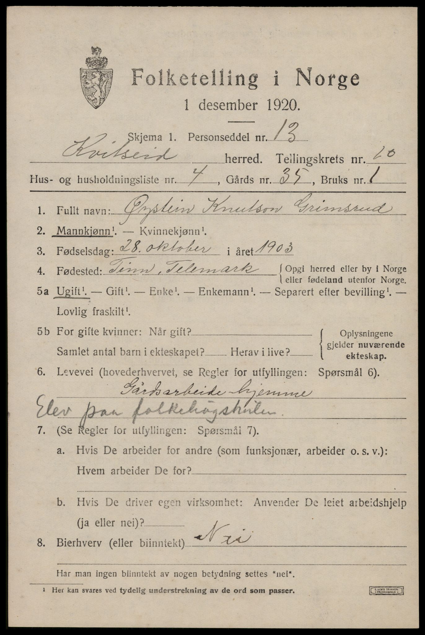 SAKO, 1920 census for Kviteseid, 1920, p. 4713