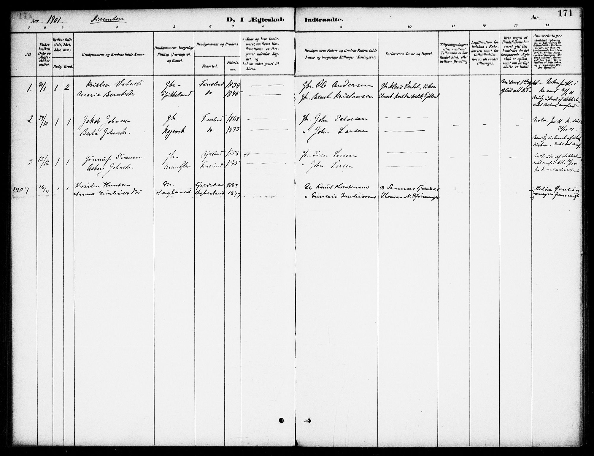 Bjelland sokneprestkontor, SAK/1111-0005/F/Fa/Fab/L0004: Parish register (official) no. A 4, 1887-1920, p. 171