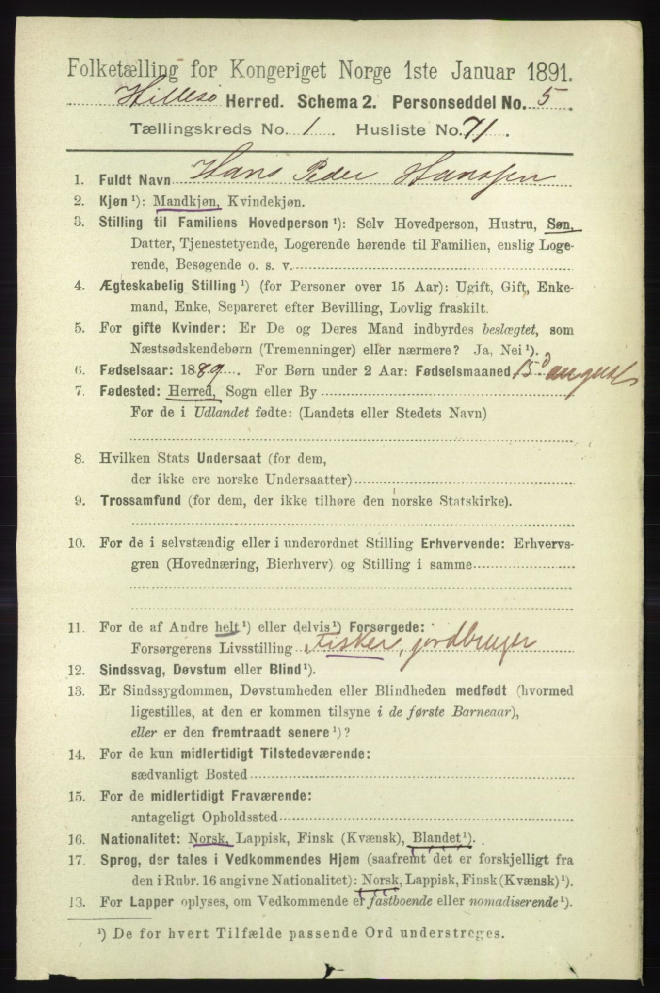 RA, 1891 census for 1930 Hillesøy, 1891, p. 564