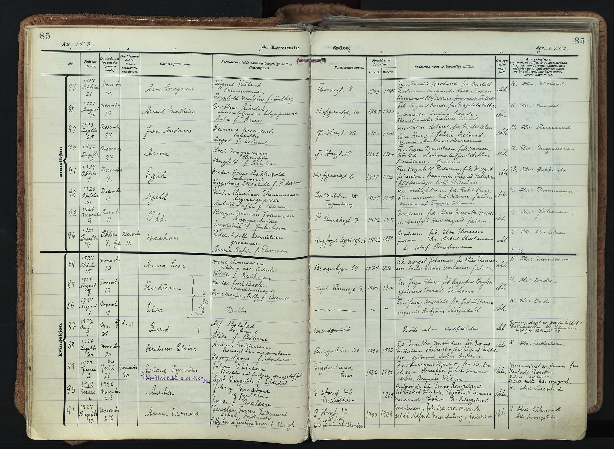 Bragernes kirkebøker, AV/SAKO-A-6/F/Fb/L0011: Parish register (official) no. II 11, 1922-1945, p. 85