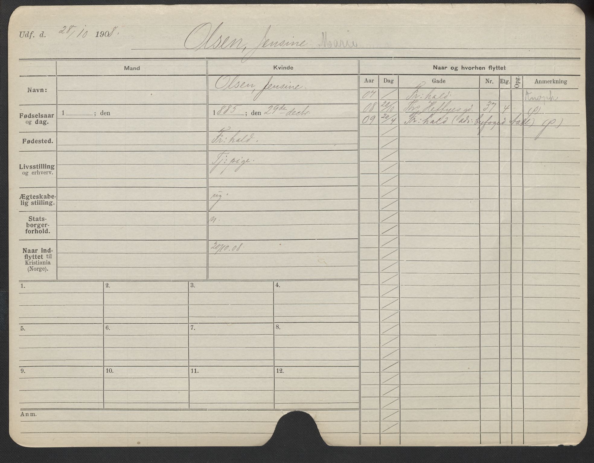 Oslo folkeregister, Registerkort, AV/SAO-A-11715/F/Fa/Fac/L0021: Kvinner, 1906-1914, p. 1203a