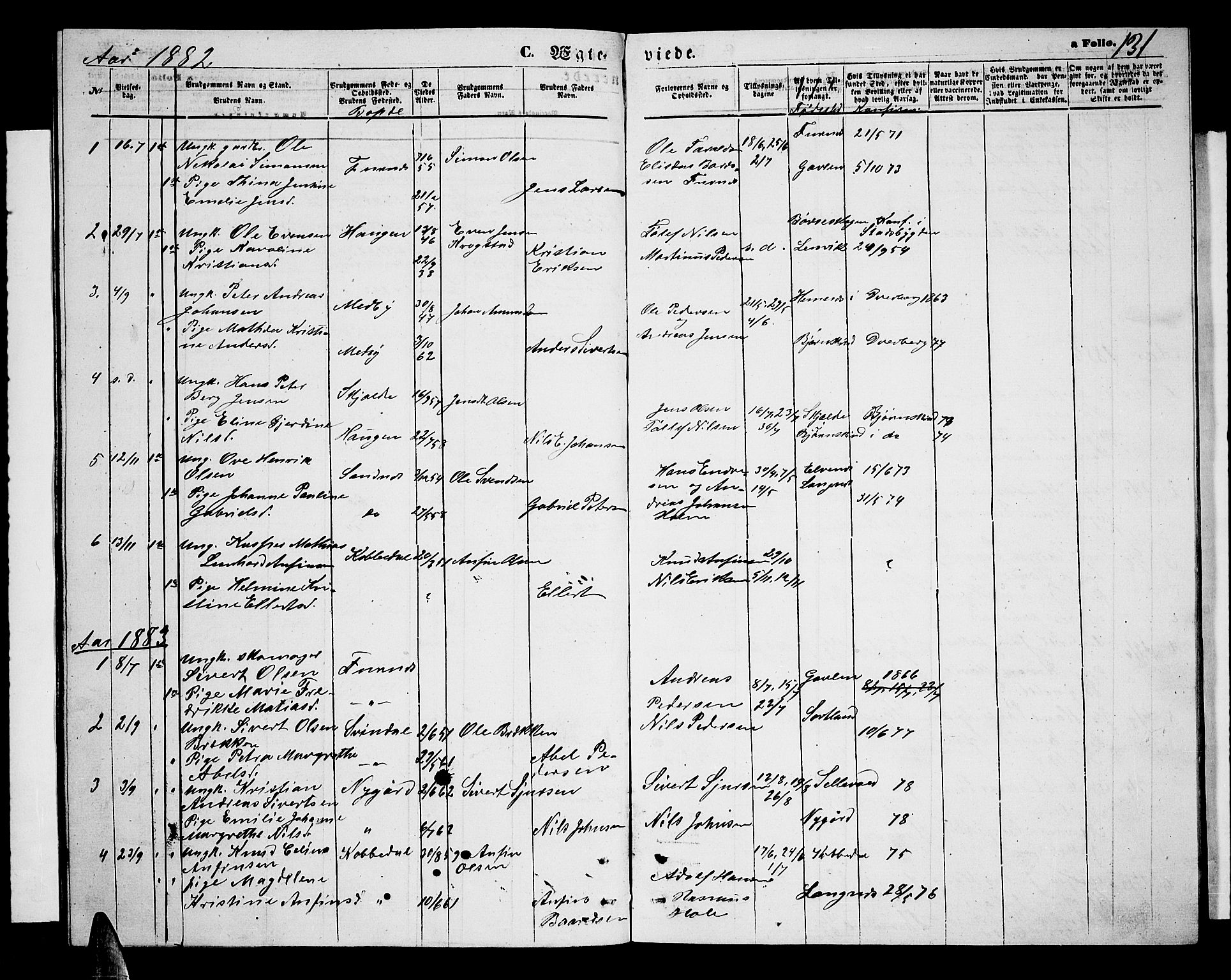 Ministerialprotokoller, klokkerbøker og fødselsregistre - Nordland, SAT/A-1459/898/L1426: Parish register (copy) no. 898C01, 1869-1886, p. 131