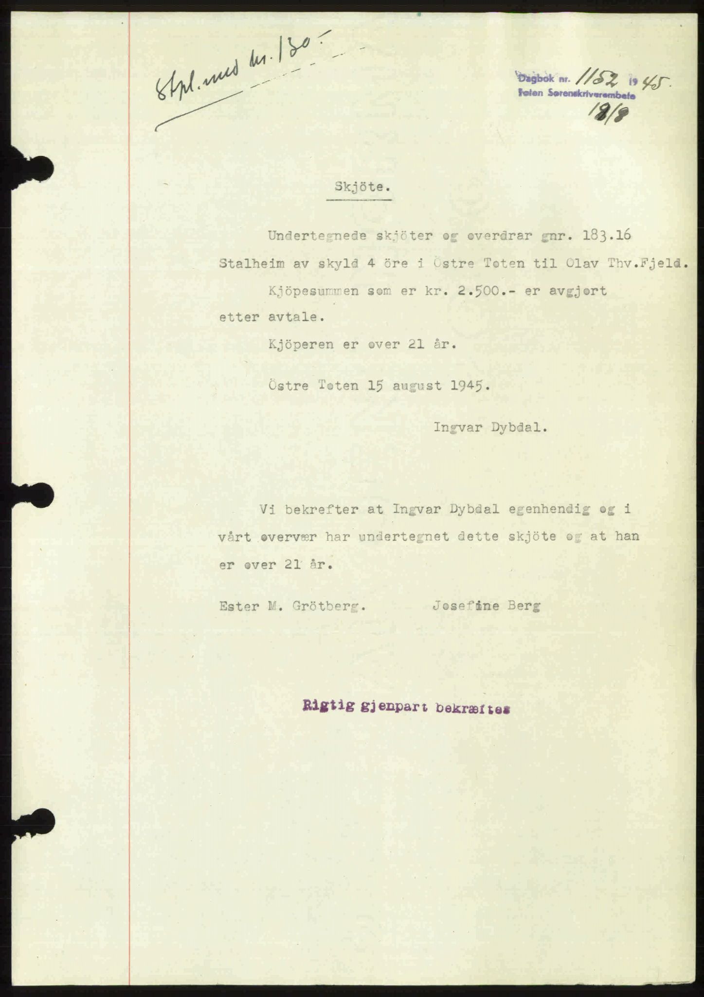 Toten tingrett, SAH/TING-006/H/Hb/Hbc/L0013: Mortgage book no. Hbc-13, 1945-1945, Diary no: : 1152/1945