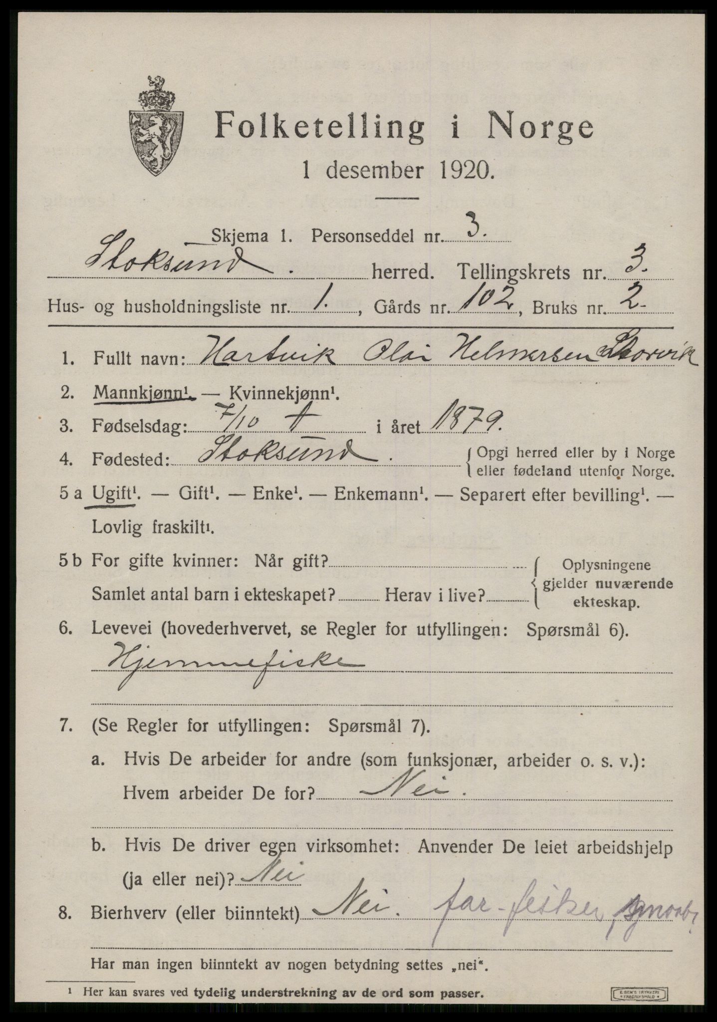 SAT, 1920 census for Stoksund, 1920, p. 1466