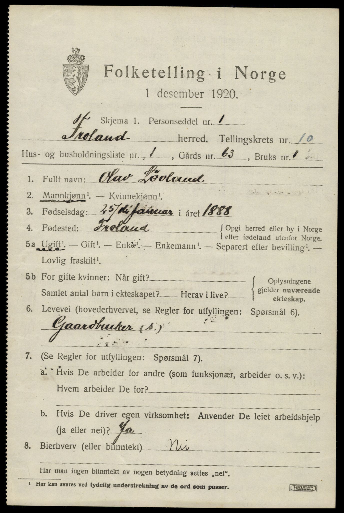 SAK, 1920 census for Froland, 1920, p. 5273