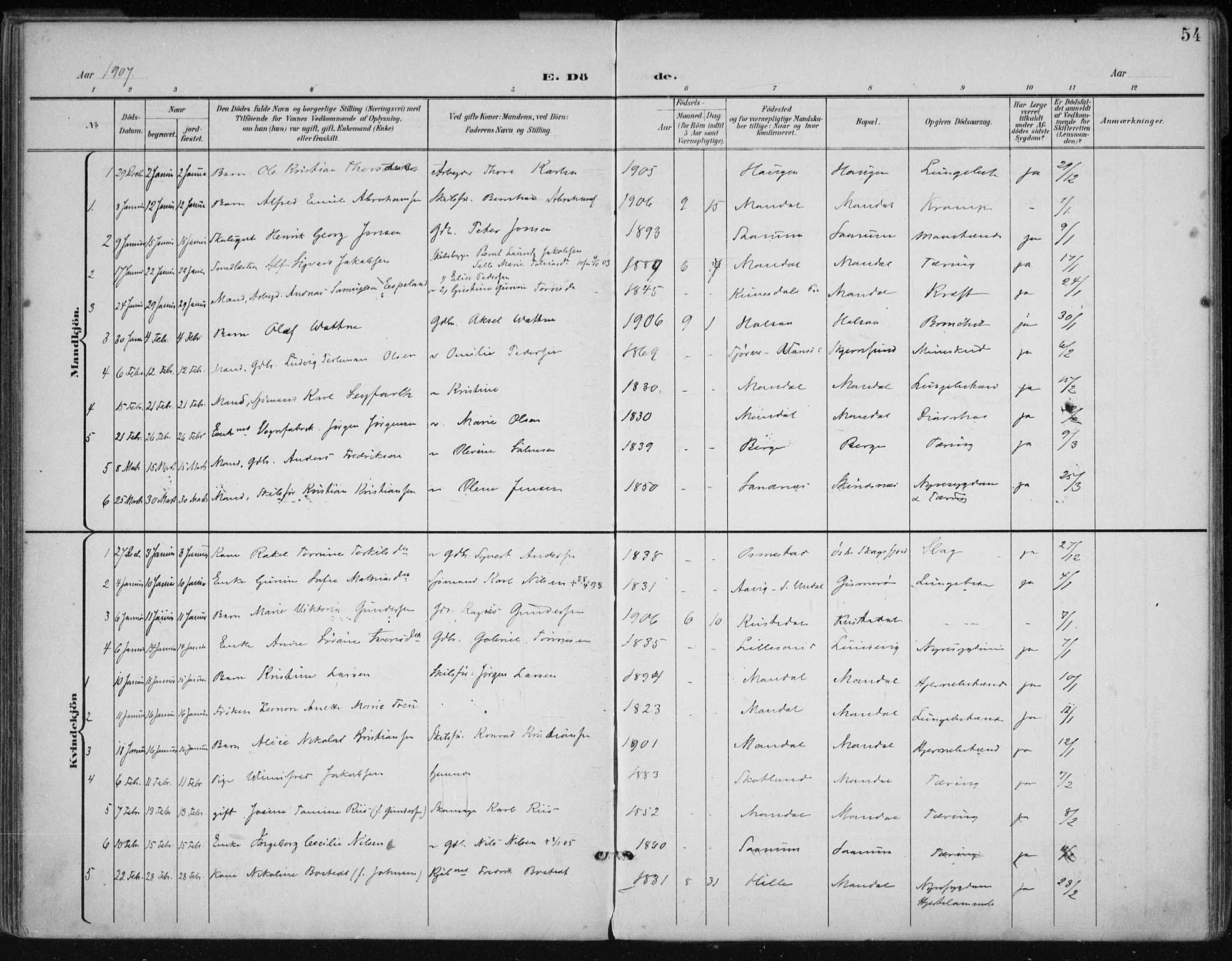 Mandal sokneprestkontor, AV/SAK-1111-0030/F/Fa/Faa/L0021: Parish register (official) no. A 21, 1898-1913, p. 54