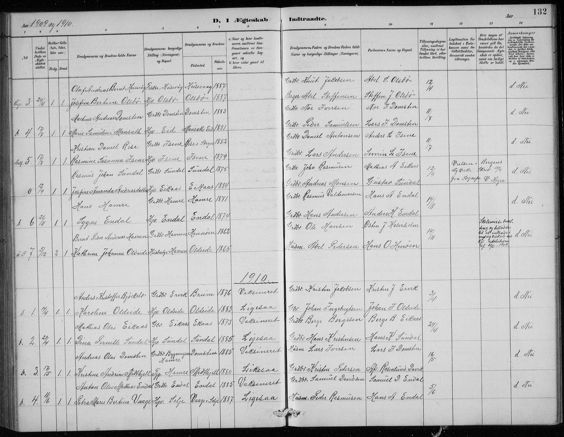 Davik sokneprestembete, AV/SAB-A-79701/H/Hab/Haba/L0002: Parish register (copy) no. A 2, 1890-1911, p. 132