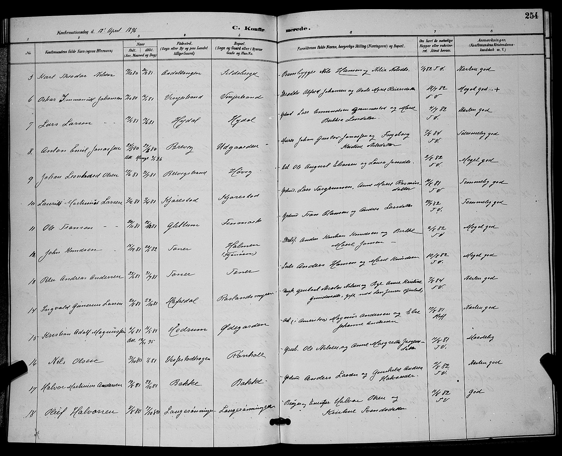 Bamble kirkebøker, SAKO/A-253/G/Ga/L0009: Parish register (copy) no. I 9, 1888-1900, p. 254