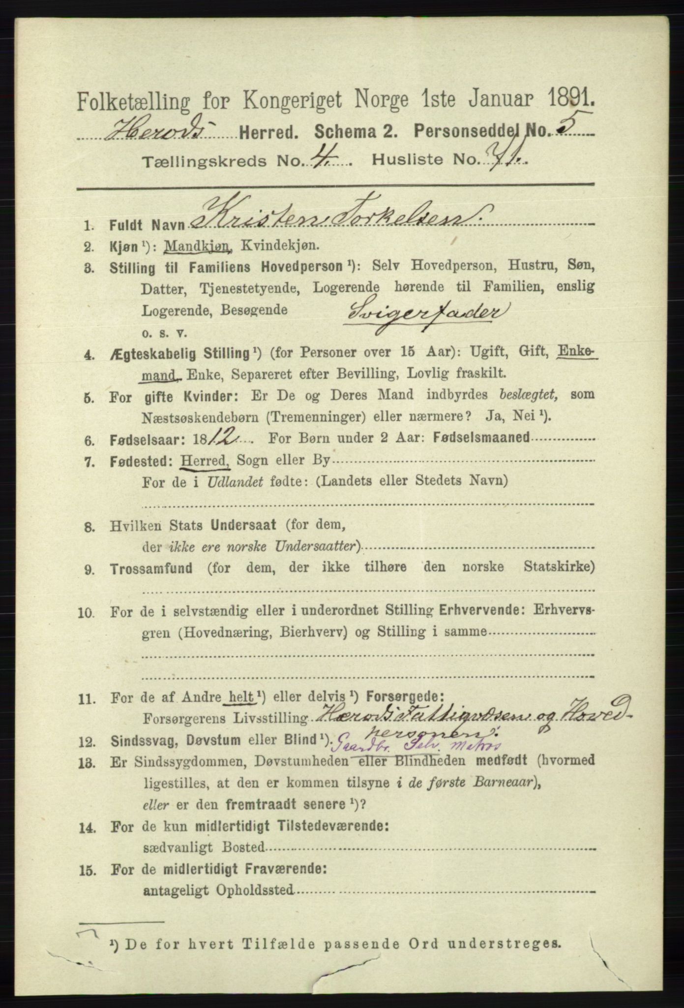 RA, 1891 census for 1039 Herad, 1891, p. 1721