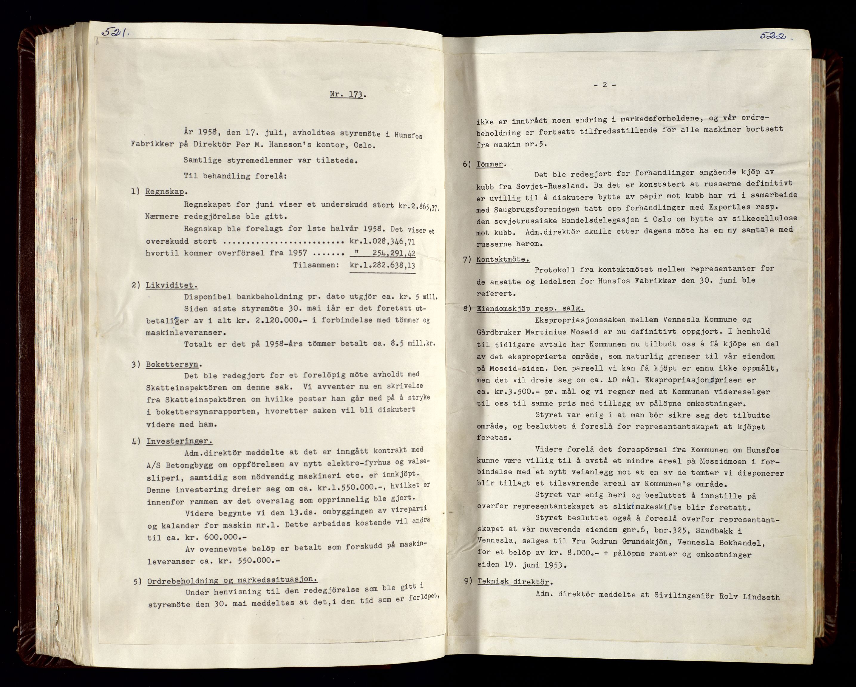 Hunsfos fabrikker, AV/SAK-D/1440/02/L0007: Referatprotokoll fra styremøter (møte nr 114-221), 1951-1964, p. 521-522