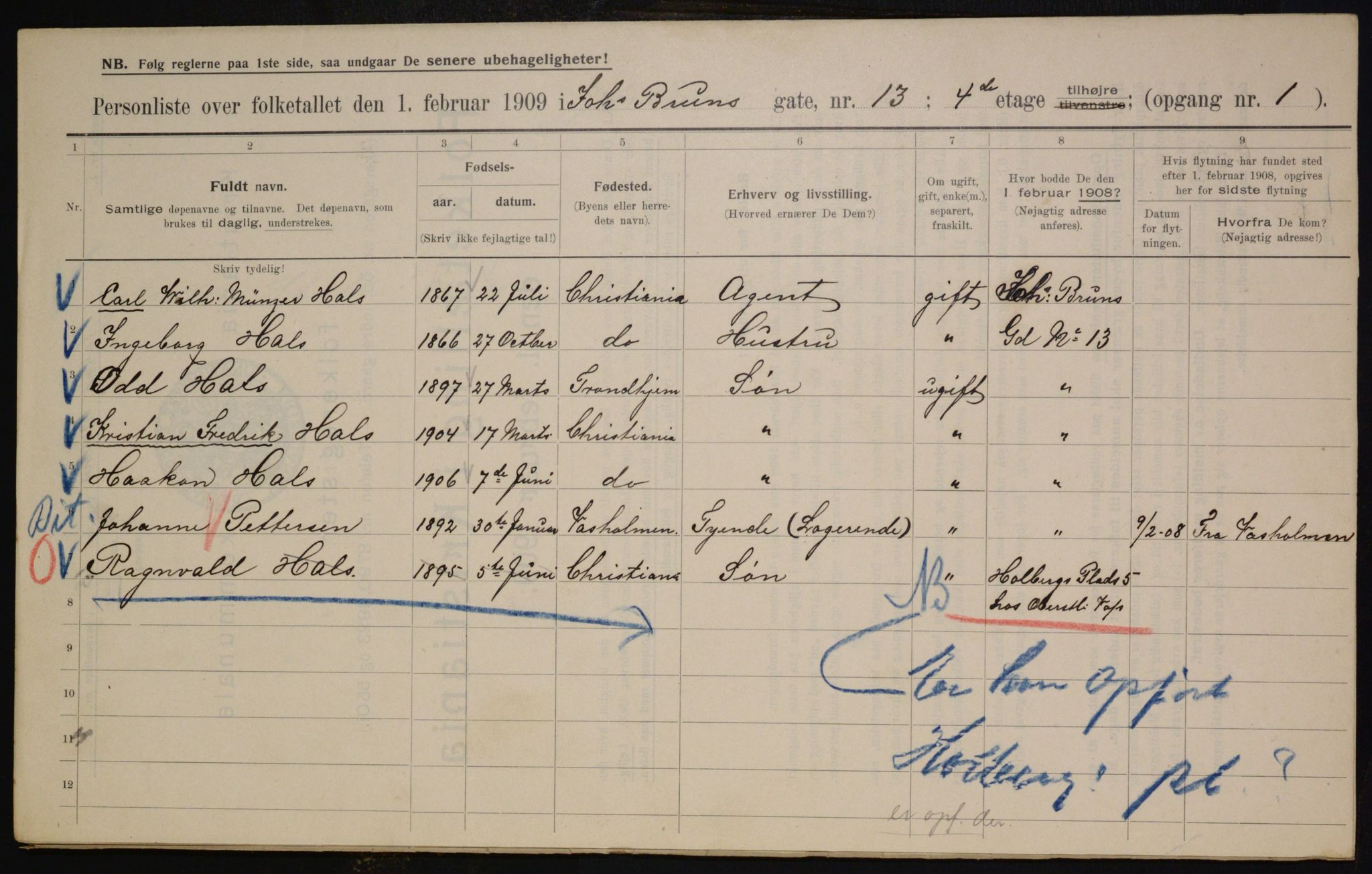 OBA, Municipal Census 1909 for Kristiania, 1909, p. 43049