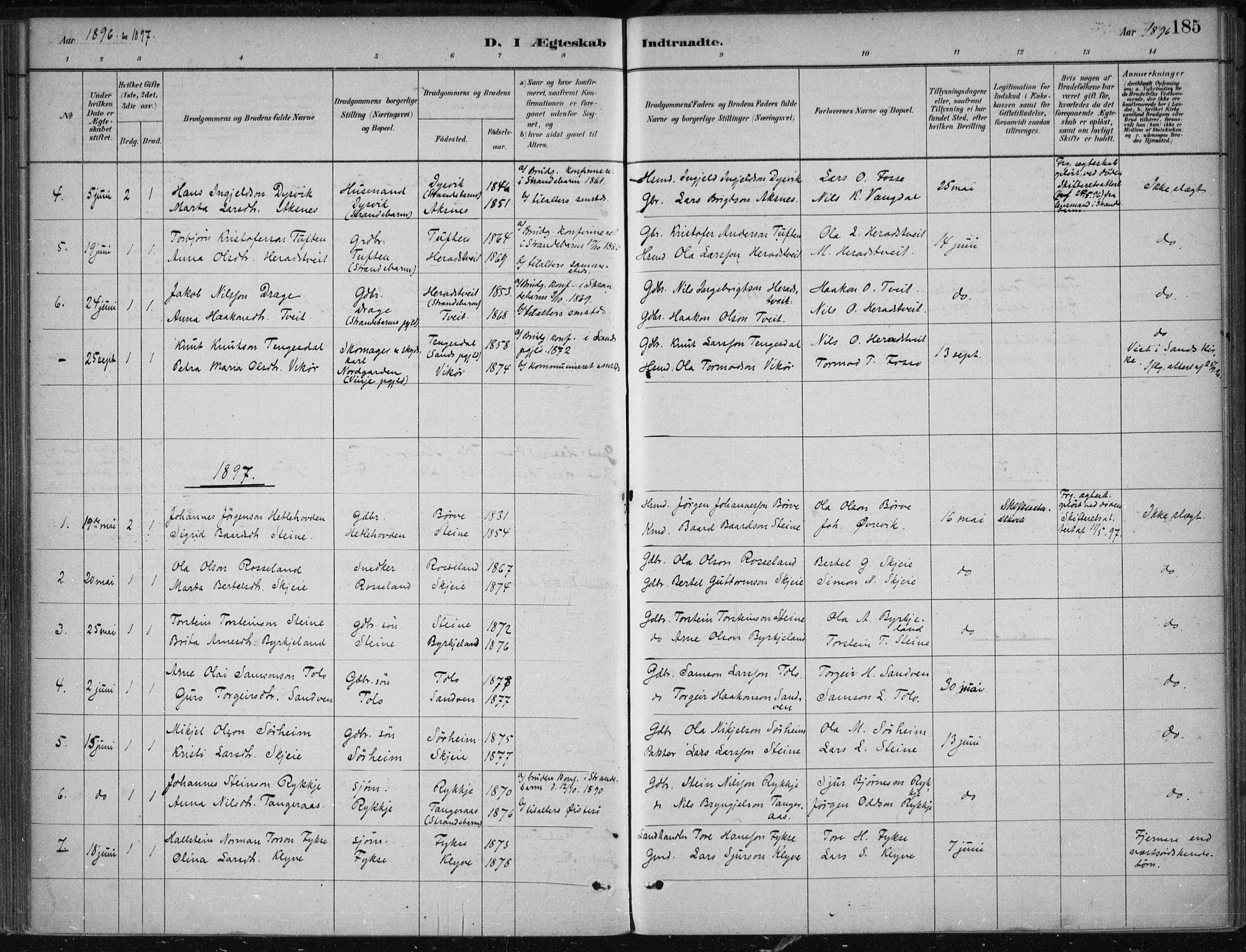 Kvam sokneprestembete, SAB/A-76201/H/Haa: Parish register (official) no. B  1, 1880-1908, p. 185