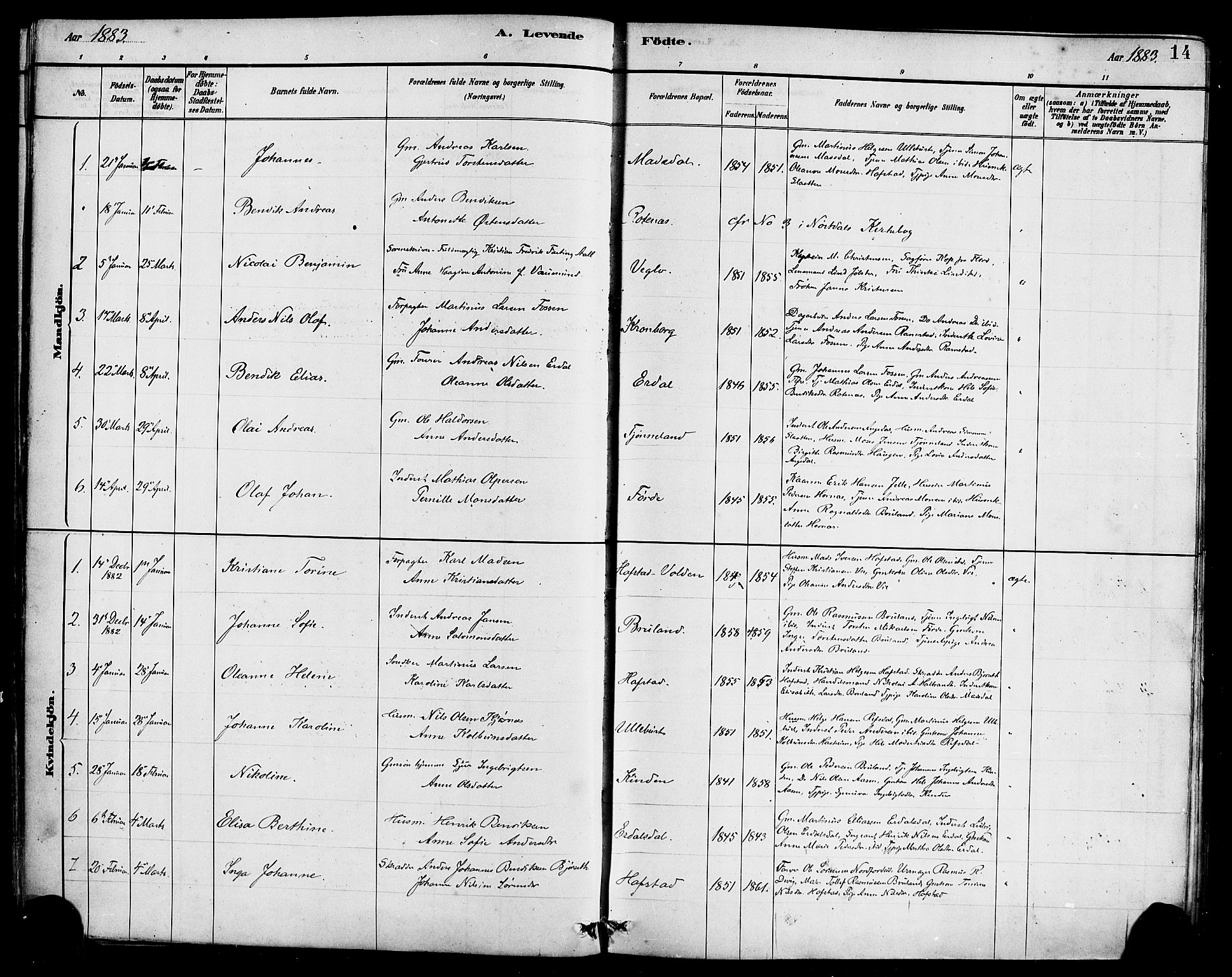 Førde sokneprestembete, SAB/A-79901/H/Haa/Haab/L0001: Parish register (official) no. B 1, 1880-1898, p. 14