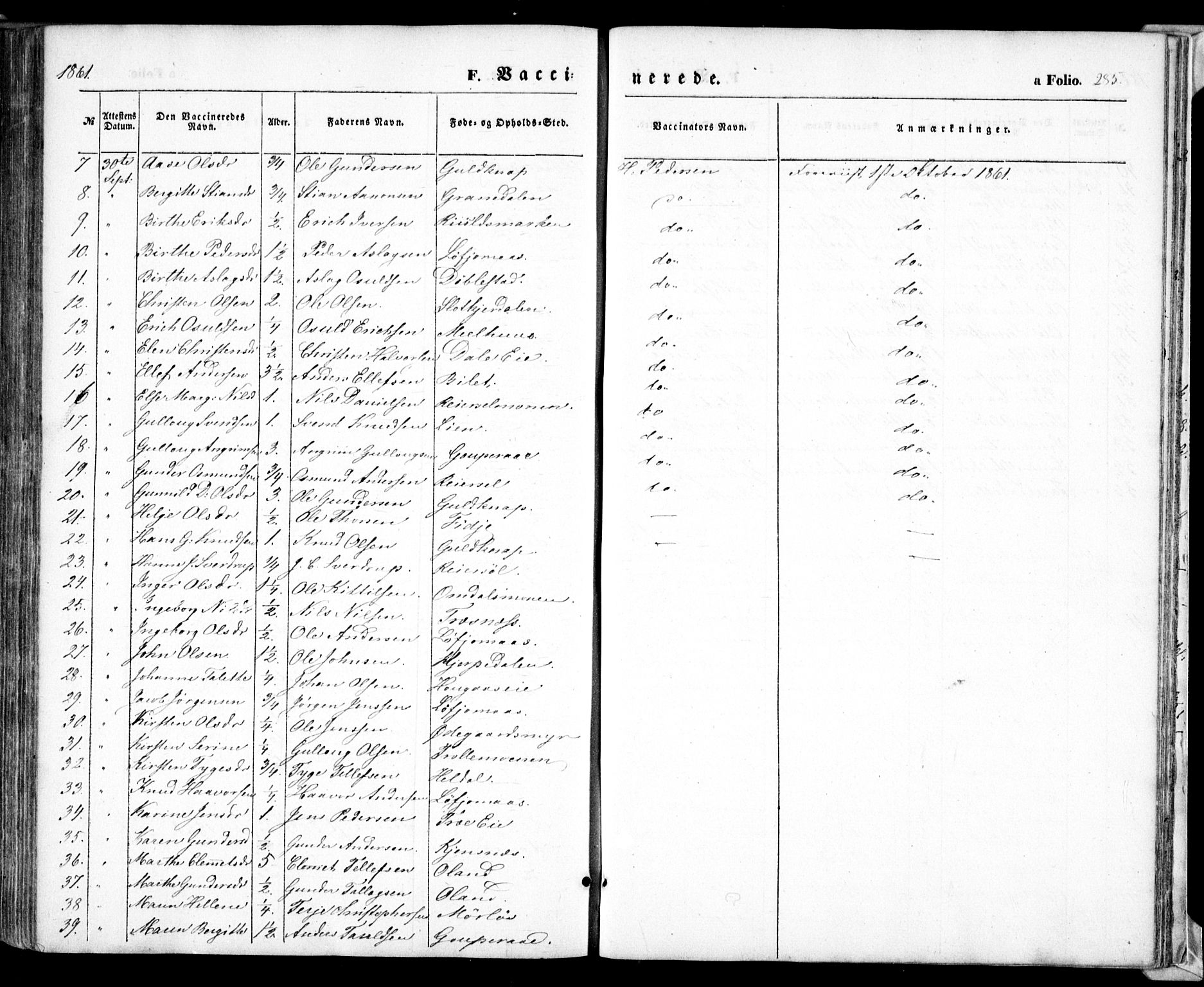 Froland sokneprestkontor, SAK/1111-0013/F/Fa/L0002: Parish register (official) no. A 2, 1845-1863, p. 285