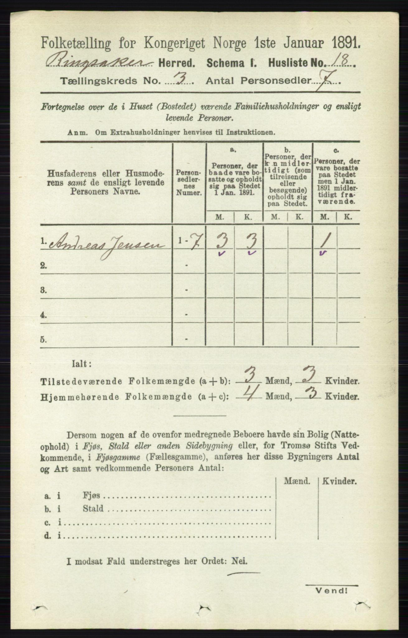 RA, 1891 census for 0412 Ringsaker, 1891, p. 1179