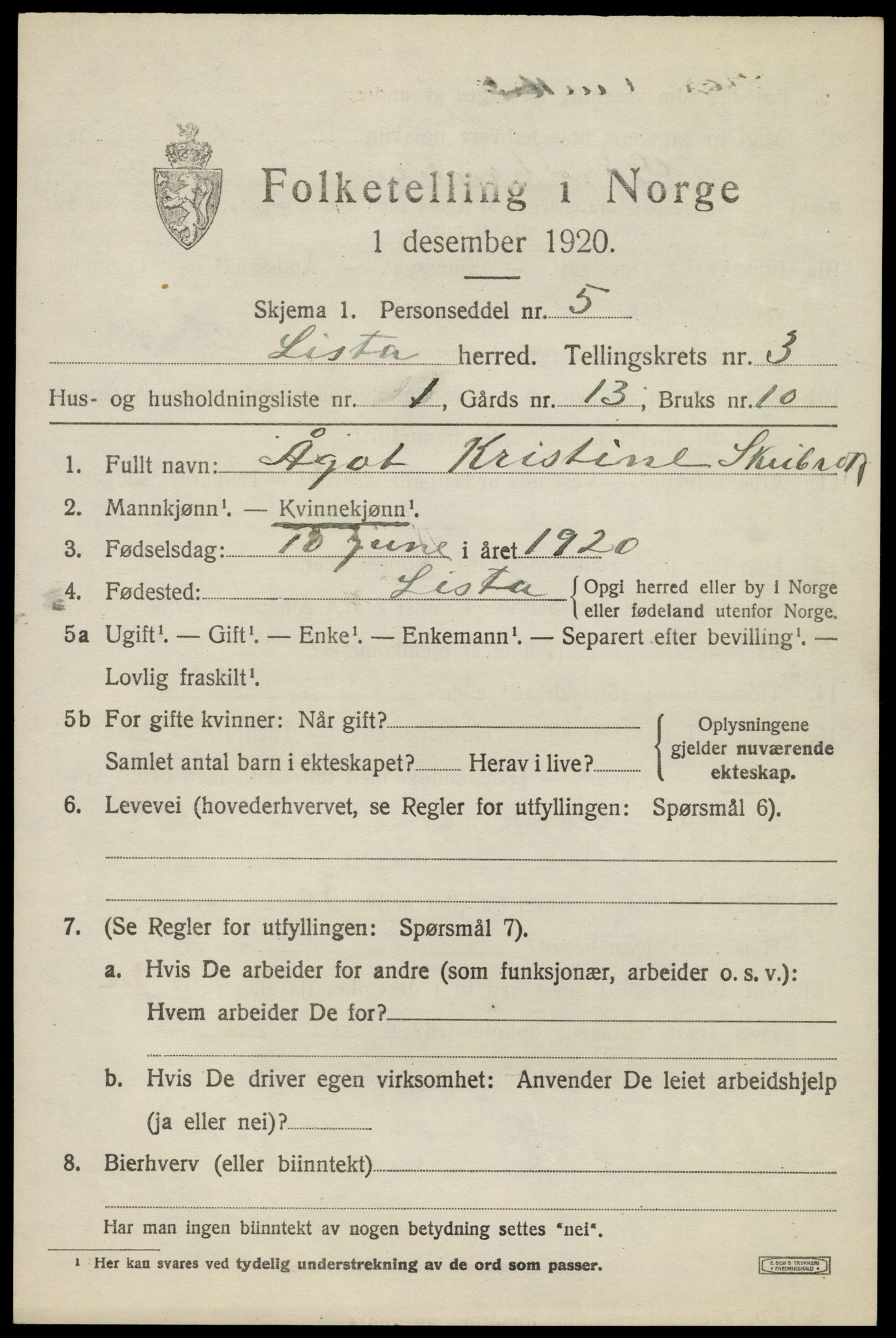 SAK, 1920 census for Lista, 1920, p. 4425