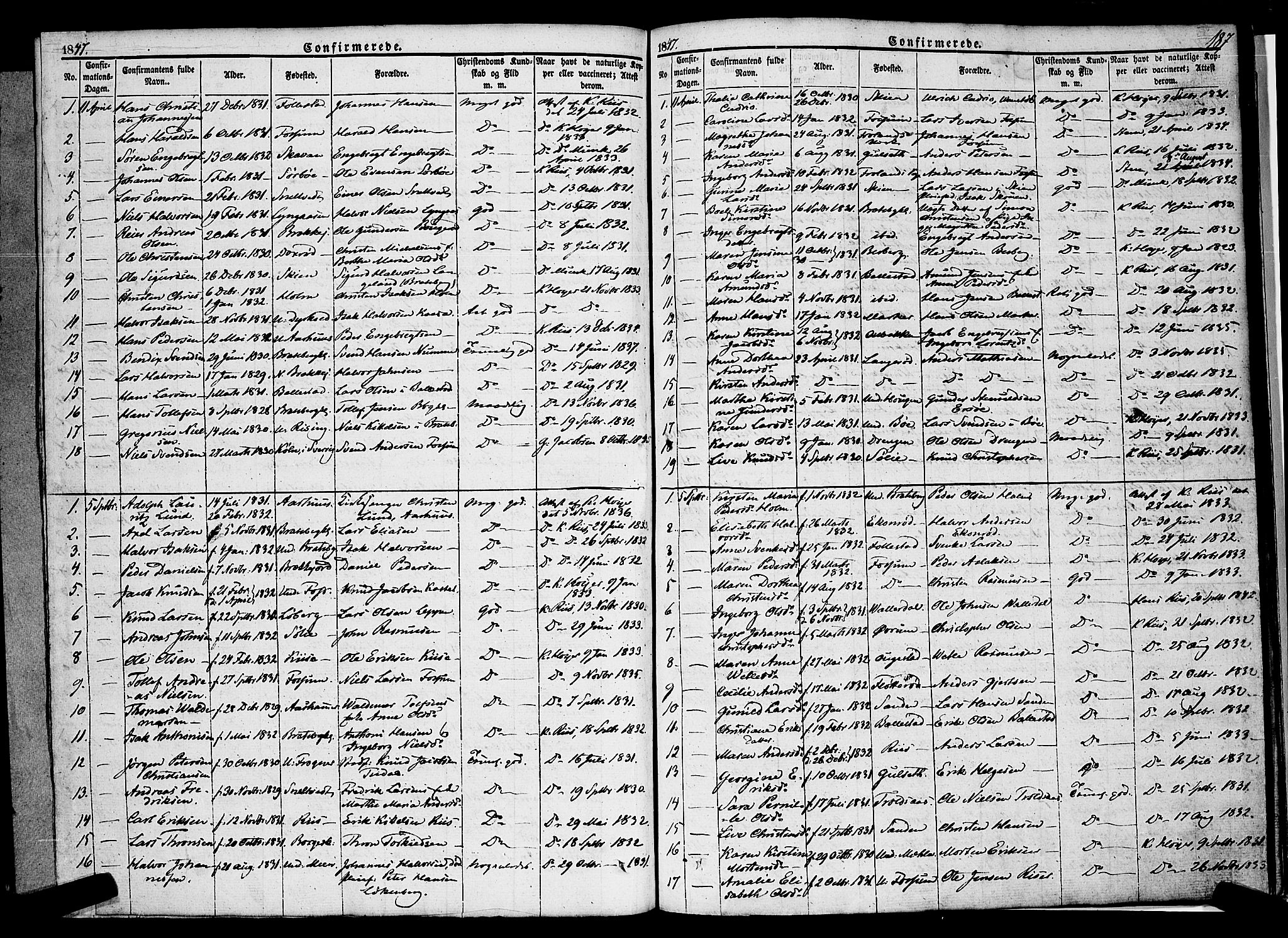 Gjerpen kirkebøker, SAKO/A-265/F/Fa/L0007a: Parish register (official) no. I 7A, 1834-1857, p. 187