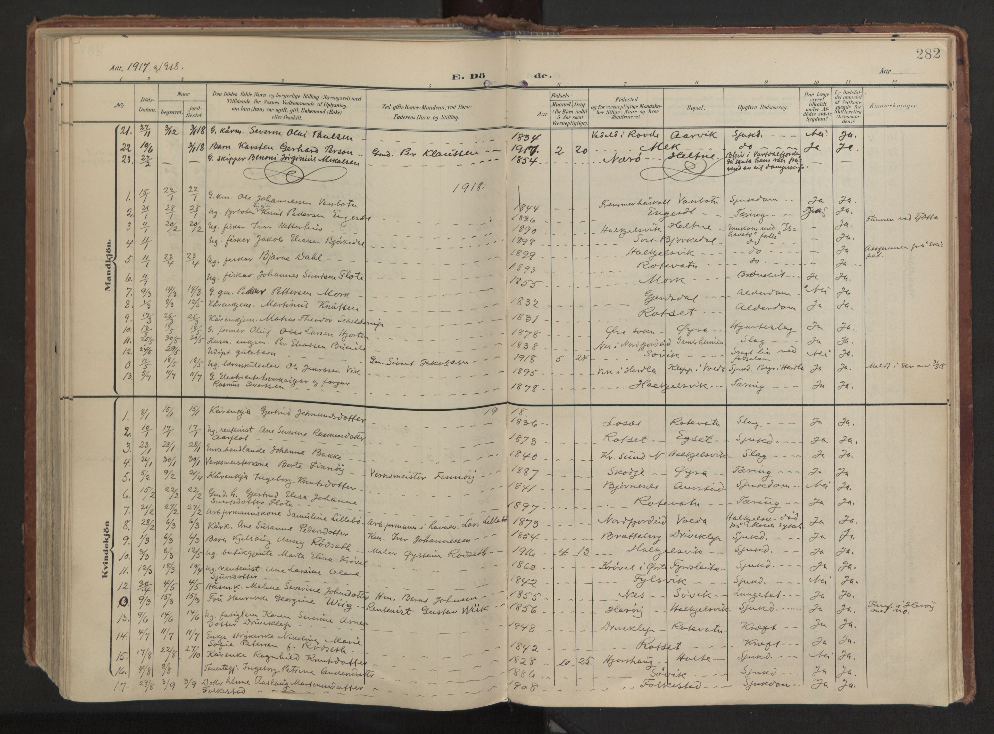 Ministerialprotokoller, klokkerbøker og fødselsregistre - Møre og Romsdal, AV/SAT-A-1454/511/L0144: Parish register (official) no. 511A11, 1906-1923, p. 282