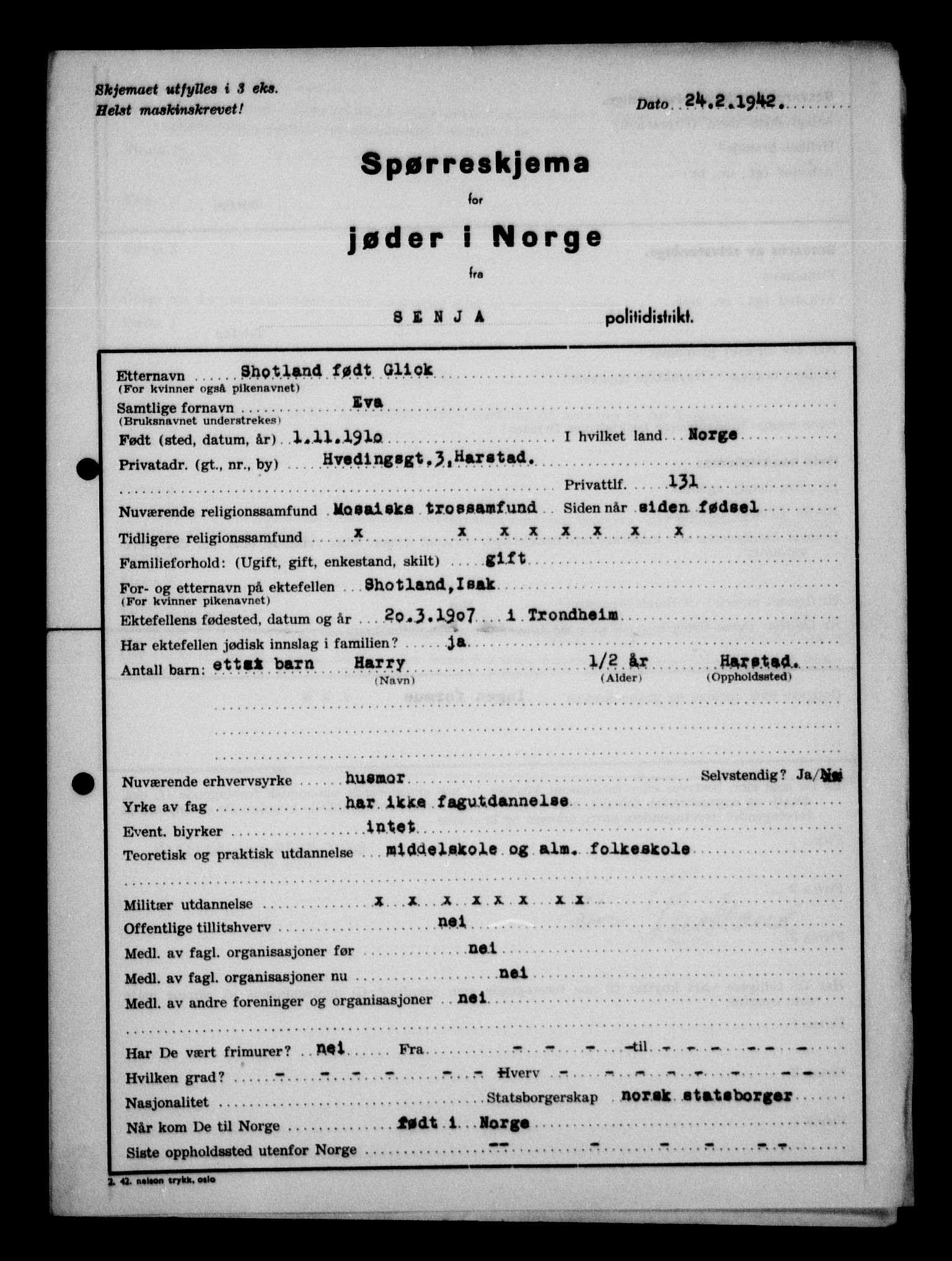 Statspolitiet - Hovedkontoret / Osloavdelingen, AV/RA-S-1329/G/Ga/L0013: Spørreskjema for jøder i Norge. 1: Sandefjord-Trondheim. 2: Tønsberg- Ålesund.  3: Skriv vedr. jøder A-H.  , 1942-1943, p. 32