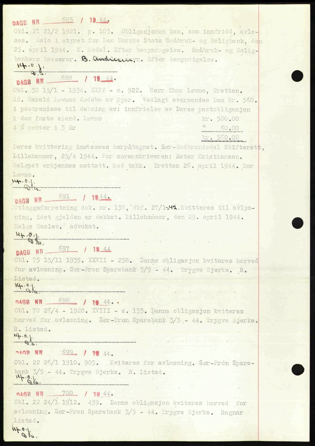 Sør-Gudbrandsdal tingrett, SAH/TING-004/H/Hb/Hbf/L0002: Mortgage book no. C1, 1938-1951, Diary no: : 685/1944