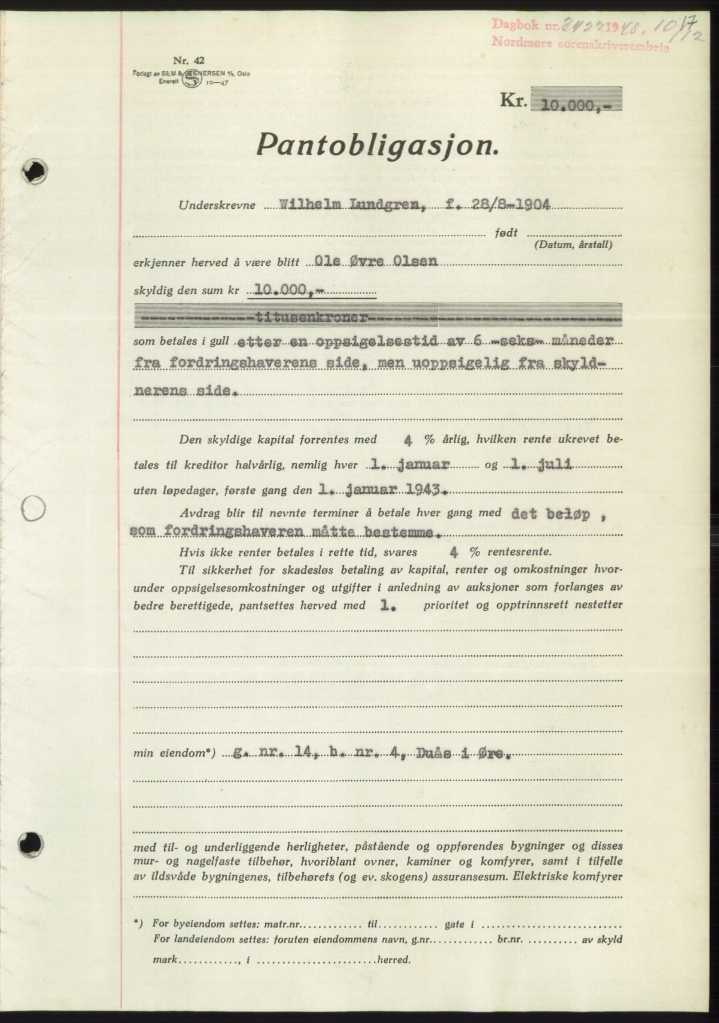 Nordmøre sorenskriveri, AV/SAT-A-4132/1/2/2Ca: Mortgage book no. B100, 1948-1949, Diary no: : 3422/1948