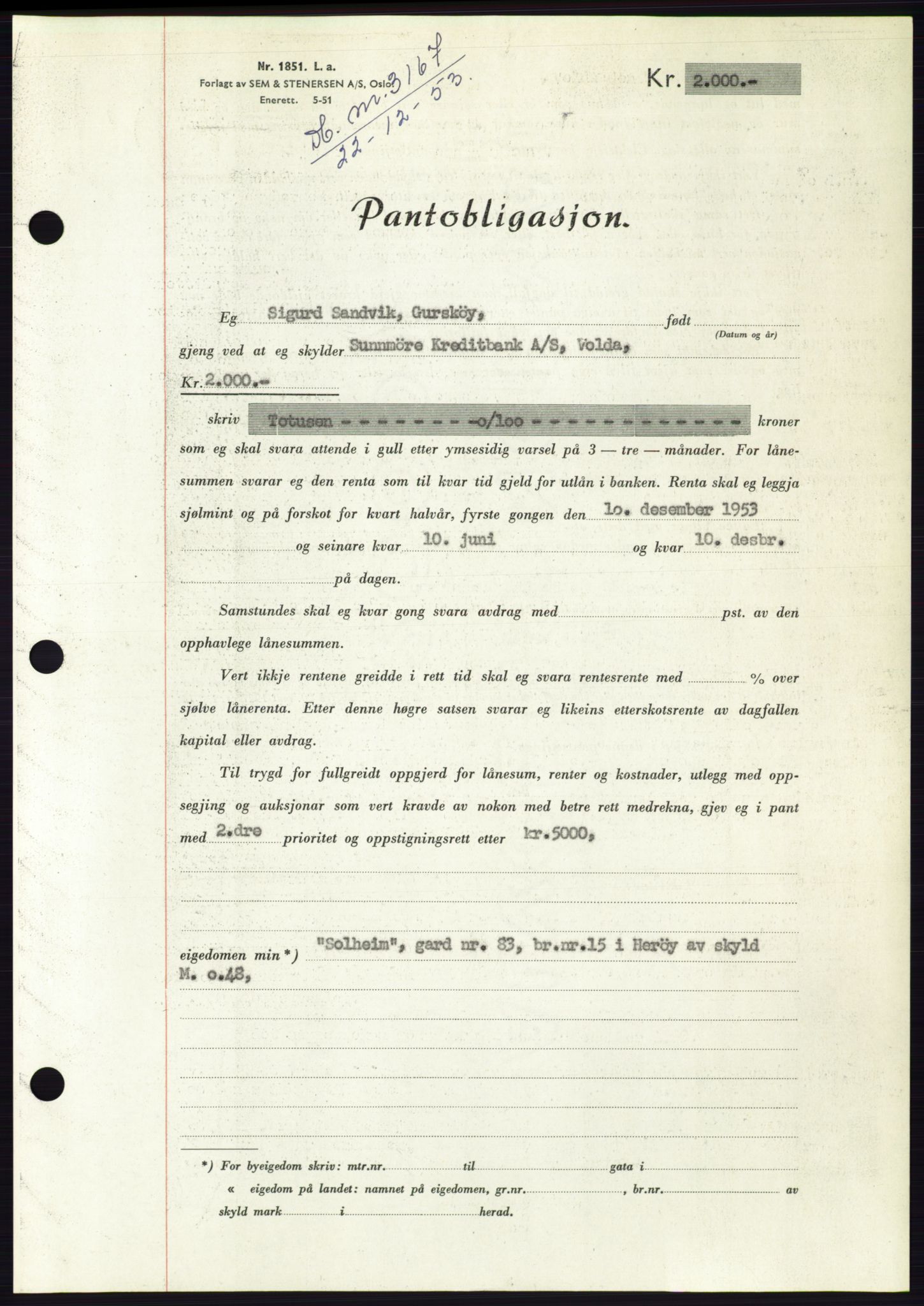 Søre Sunnmøre sorenskriveri, AV/SAT-A-4122/1/2/2C/L0124: Mortgage book no. 12B, 1953-1954, Diary no: : 3167/1953