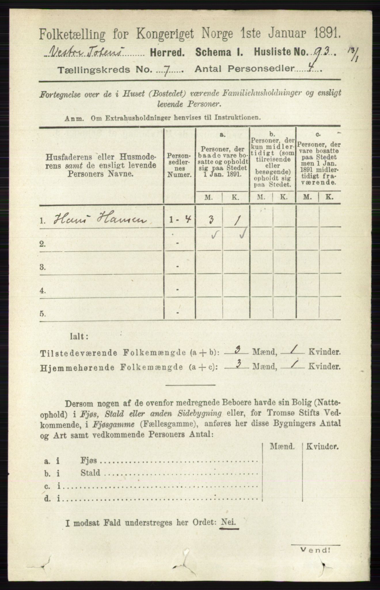 RA, 1891 census for 0529 Vestre Toten, 1891, p. 4372